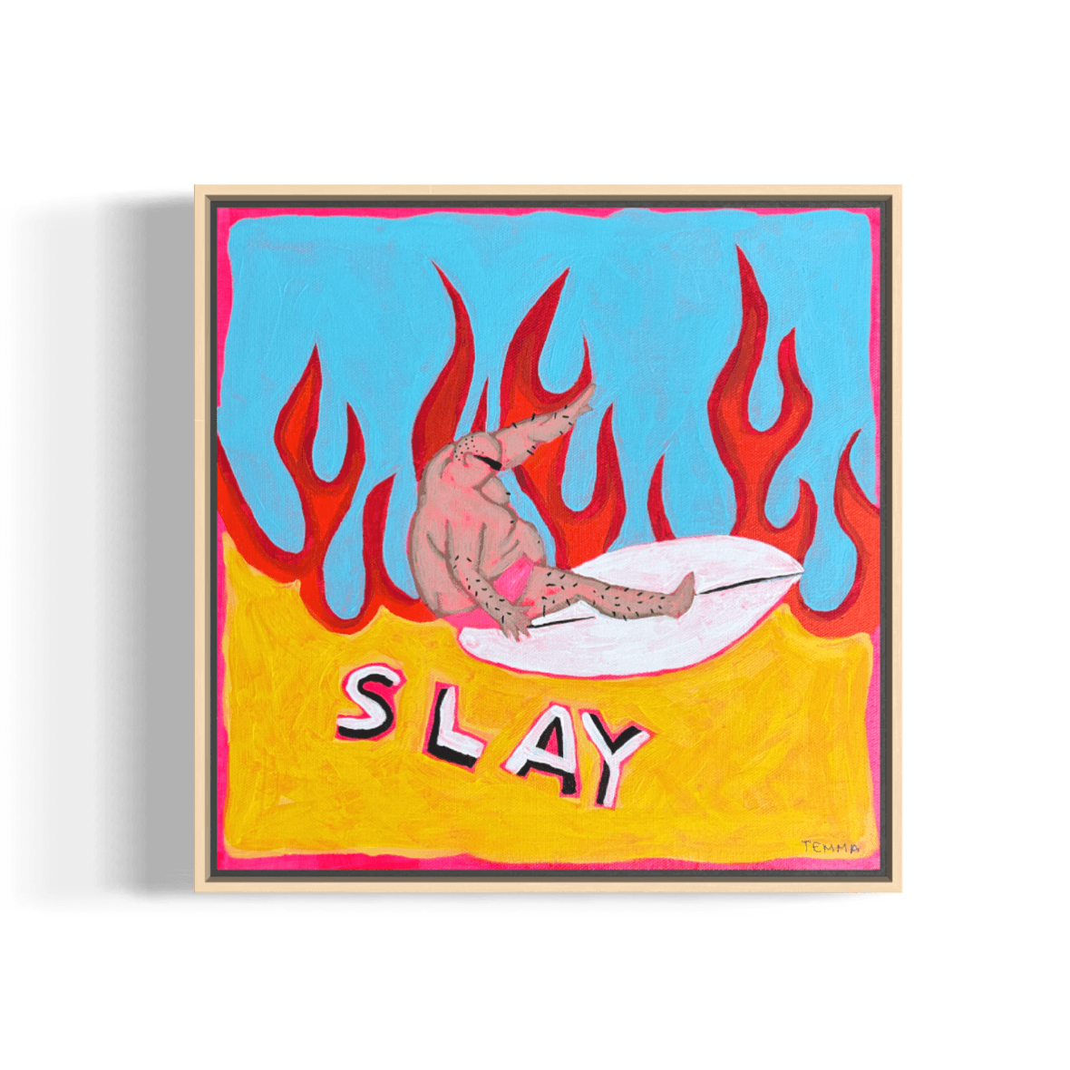 Framed acrylic painting of a hairy surfer in pink budgie smugglers shredding a turn on a white surfboard, surrounded by red flames, with the word SLAY in bold letters, by Temma Lee