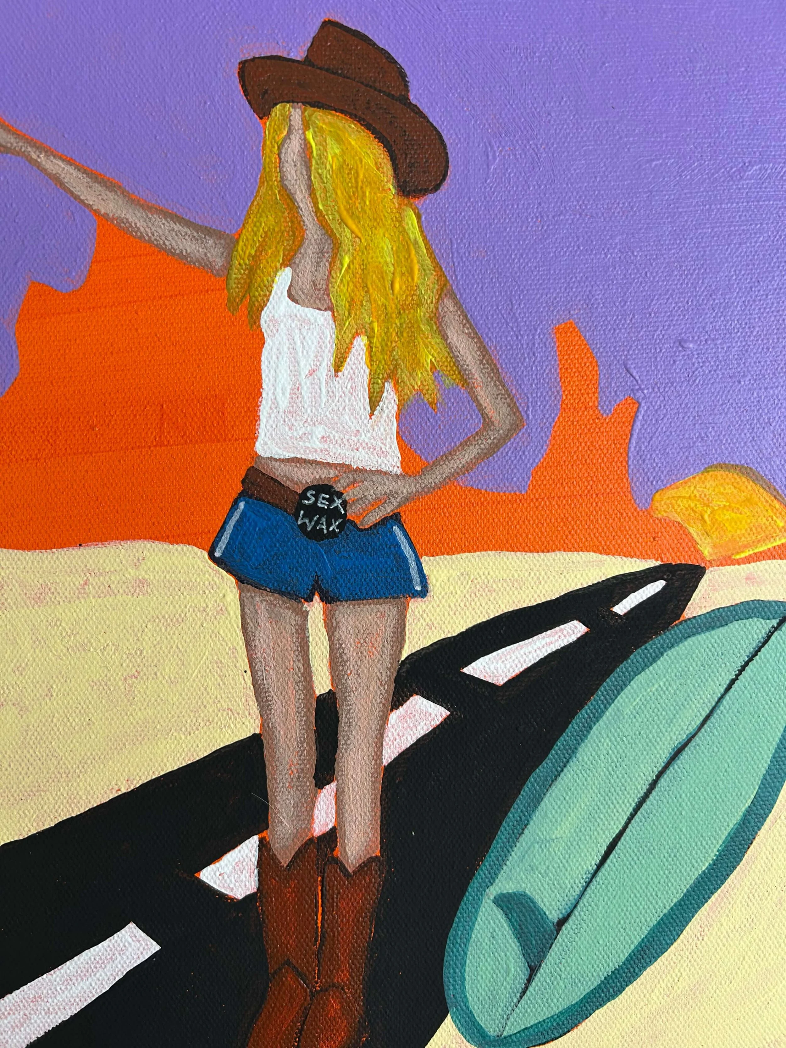 Close-up of the cactus, orange canyons and purple sky in ‘Sex Wax Hitchhiker’ original painting by Temma Lee