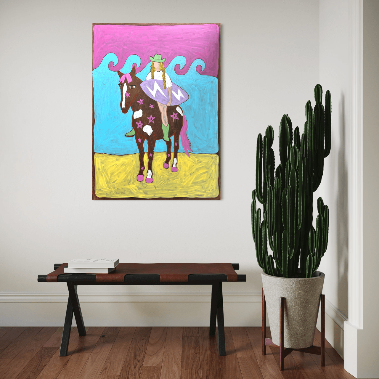 Large frameless ‘Lightning Surf Cowgirl’ original painting by Temma Lee hanging on a wall