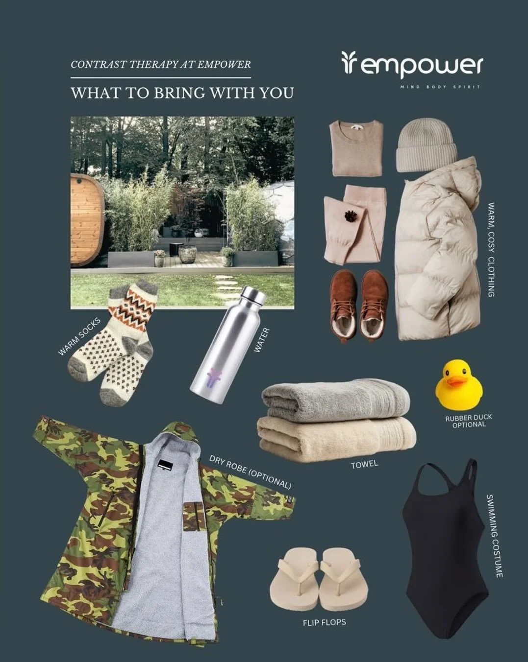 Ready to dip, sweat, and repeat? 🔥❄️
Here&rsquo;s your contrast therapy checklist:
Warm, cosy layers for after
Swimsuit + flip flops
Towel &amp; water bottle
Dry robe (if you&rsquo;ve got one)
And yes&hellip; even a rubber duck if that&rsquo;s your 