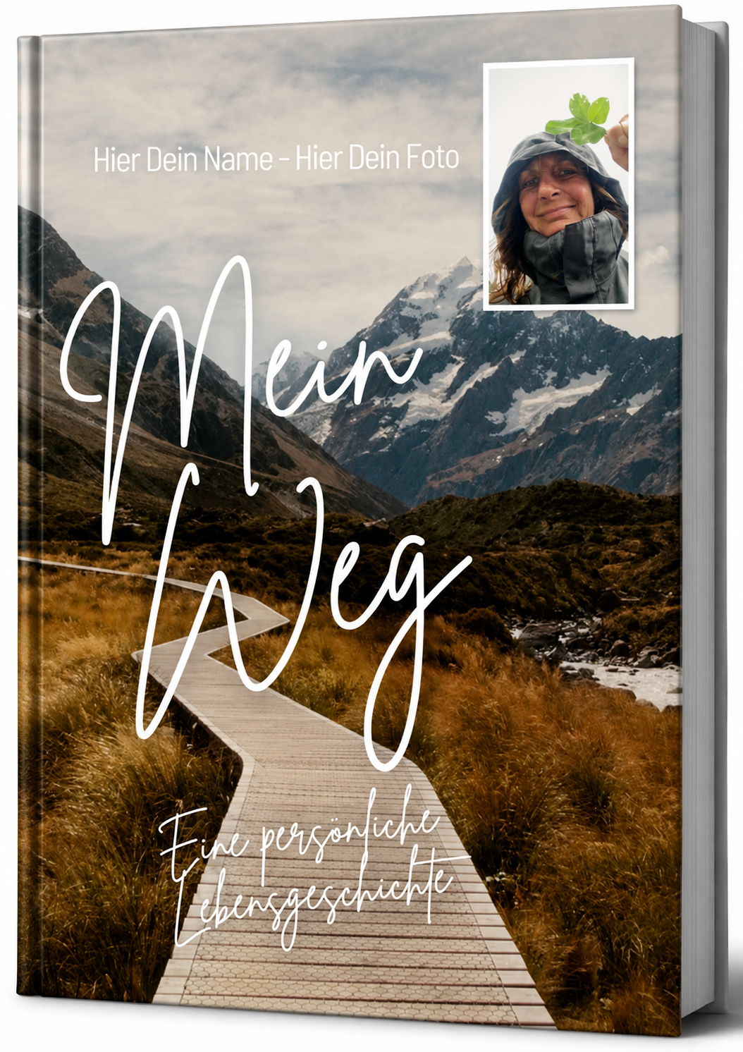 Book cover with mountain landscape and winding path, featuring a portrait of a woman holding a green plant in a frame, and German text indicating a personal life story.