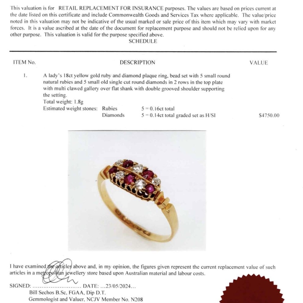 valuation for ruby and diamond ring