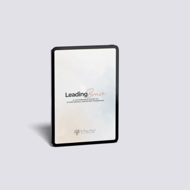 Leading Brave guide cover shown on a tablet: a faith-based guide to overcoming imposter syndrome by Valerie Gibson Jones