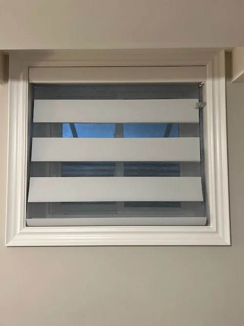 A window with a dual-layer blind, partially open, showing a building outside.