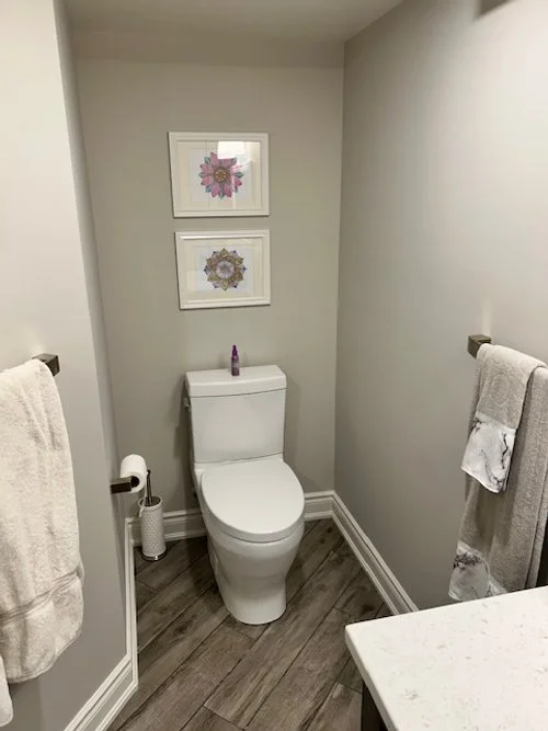 Small bathroom with a white toilet, two artwork frames above it, and a purple can on top. Towel bars with white and patterned towels on either side. The room has light gray walls and wood-style flooring.