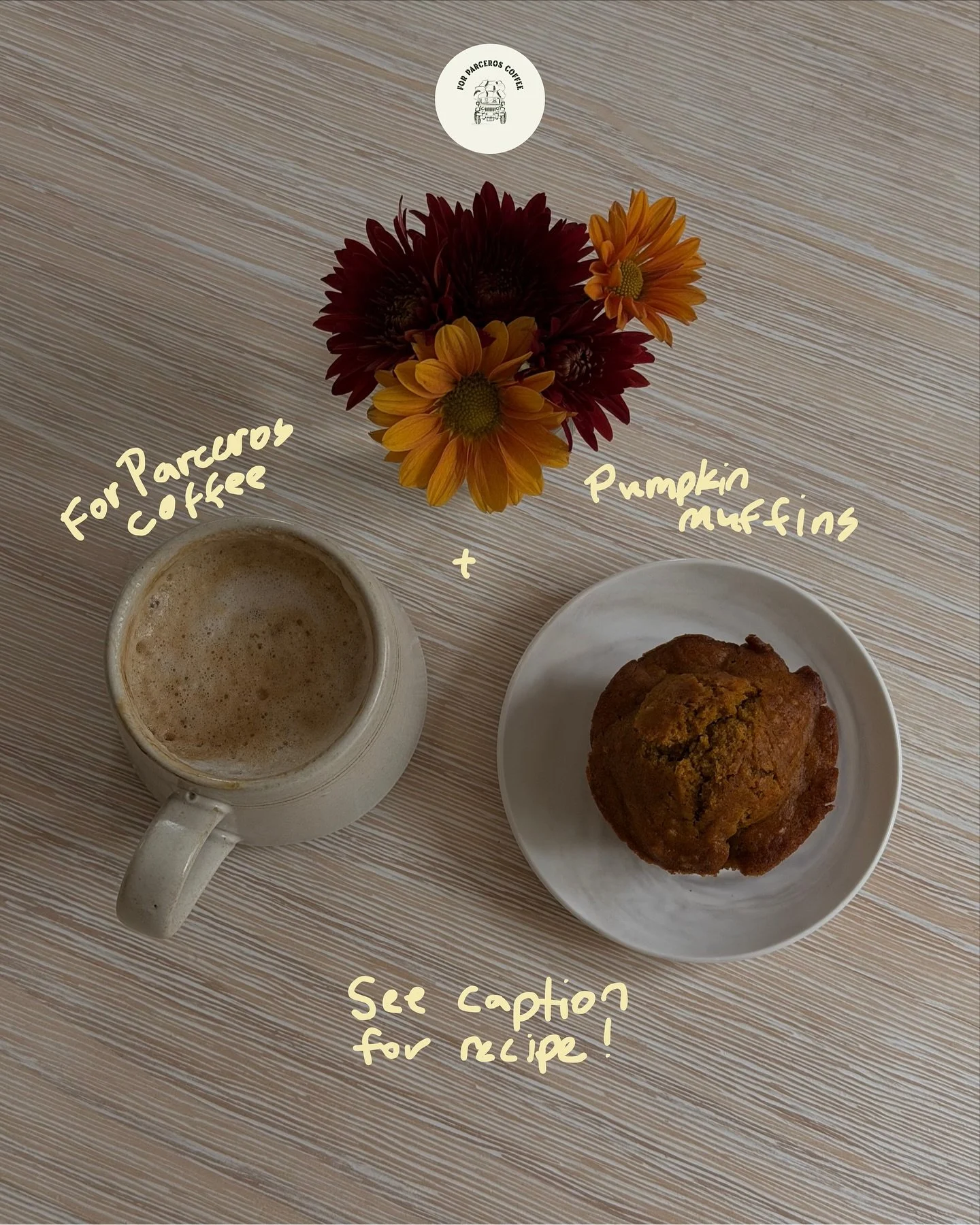 @forparceroscoffee + a pumpkin muffin anyone? 🍁🤎🎃☕️

Pumpkin muffins: 
🧡 preheat oven to 400&deg;F (bake for 20ish minutes)

🧡 1 1/2 cups all-purpose flour
🧡 2 tsp baking powder
🧡 1/2 tsp baking soda
🧡 1/2 tsp kosher salt
🧡 1 1/2 tsp pumpkin