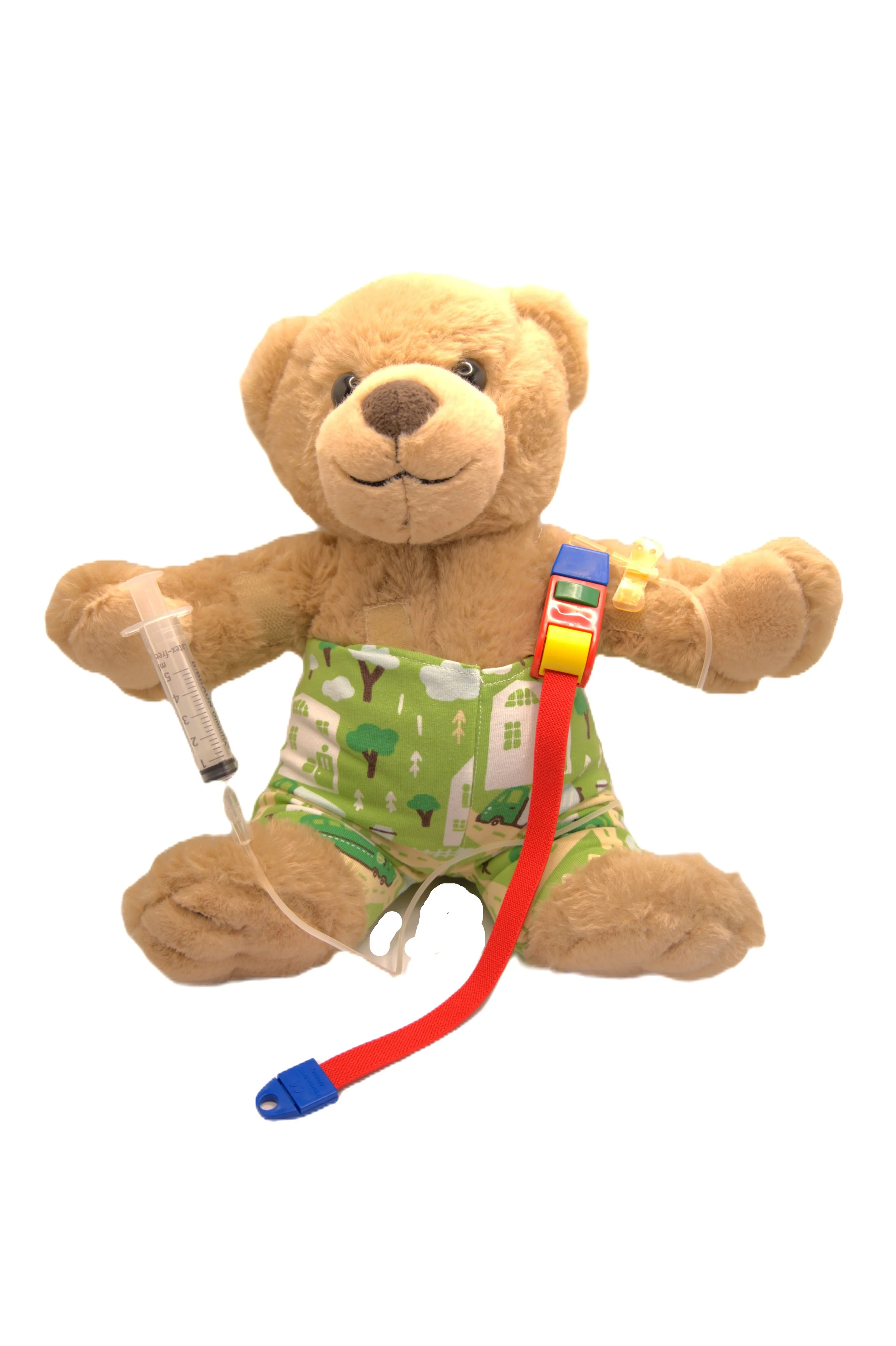 Stuffed teddy bear with medical accessories, wearing green patterned overalls, holding a syringe and attached to a red leash with a blue clip.