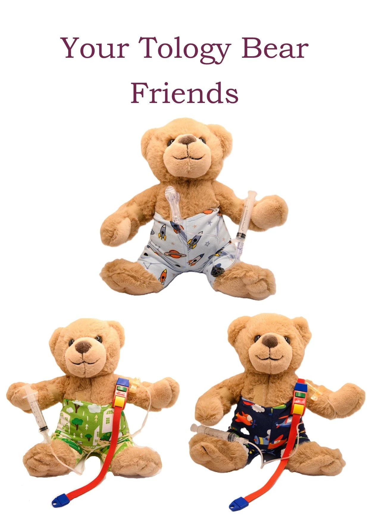 Three teddy bears dressed as doctors, each with a stethoscope, holding syringes, and wearing colorful pajamas with space, nature, and animal themes, set against a white background.