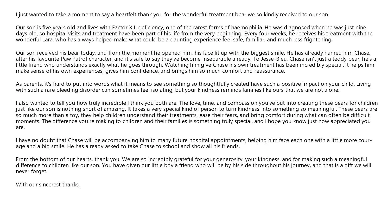 Letter of gratitude explaining a child's medical journey with Factor XIII deficiency and appreciation for a teddy bear gift that provides comfort and support.