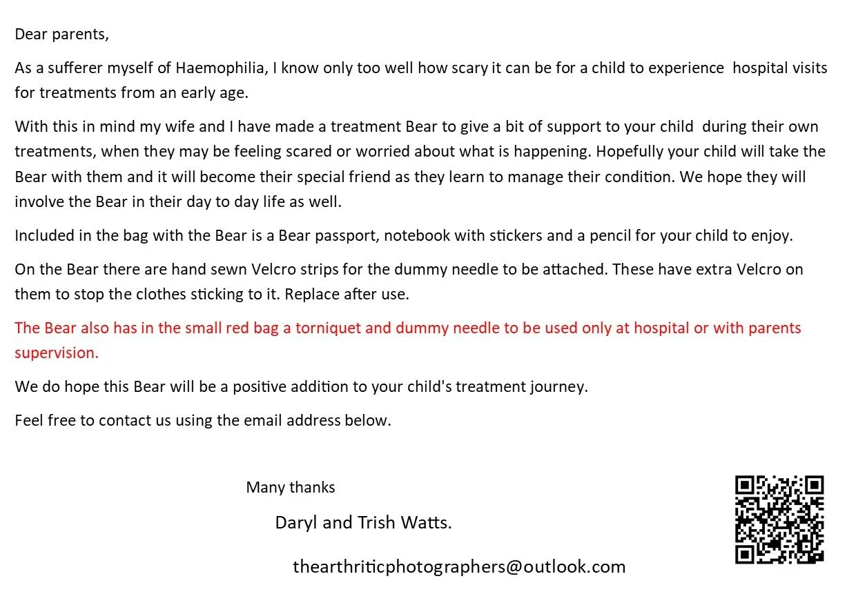 A letter explaining the use of a teddy bear and accessories for a child's hospital treatment, including a Bear passport, stickers, a pencil, Velcro strips, and a red bag with a турniquet and dummy needle, with a QR code at the bottom right.
