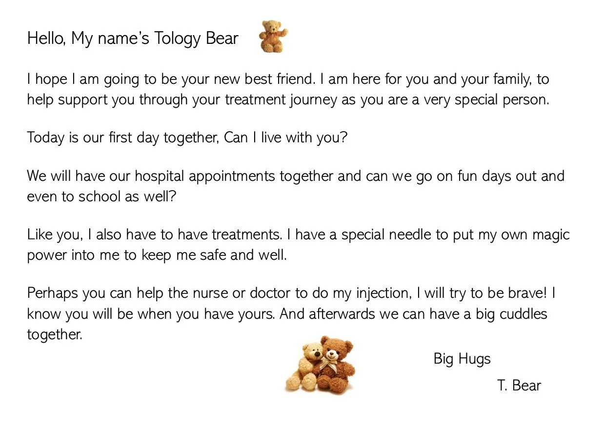 Letter from T. Bear to a patient, with images of teddy bears at the top and bottom.