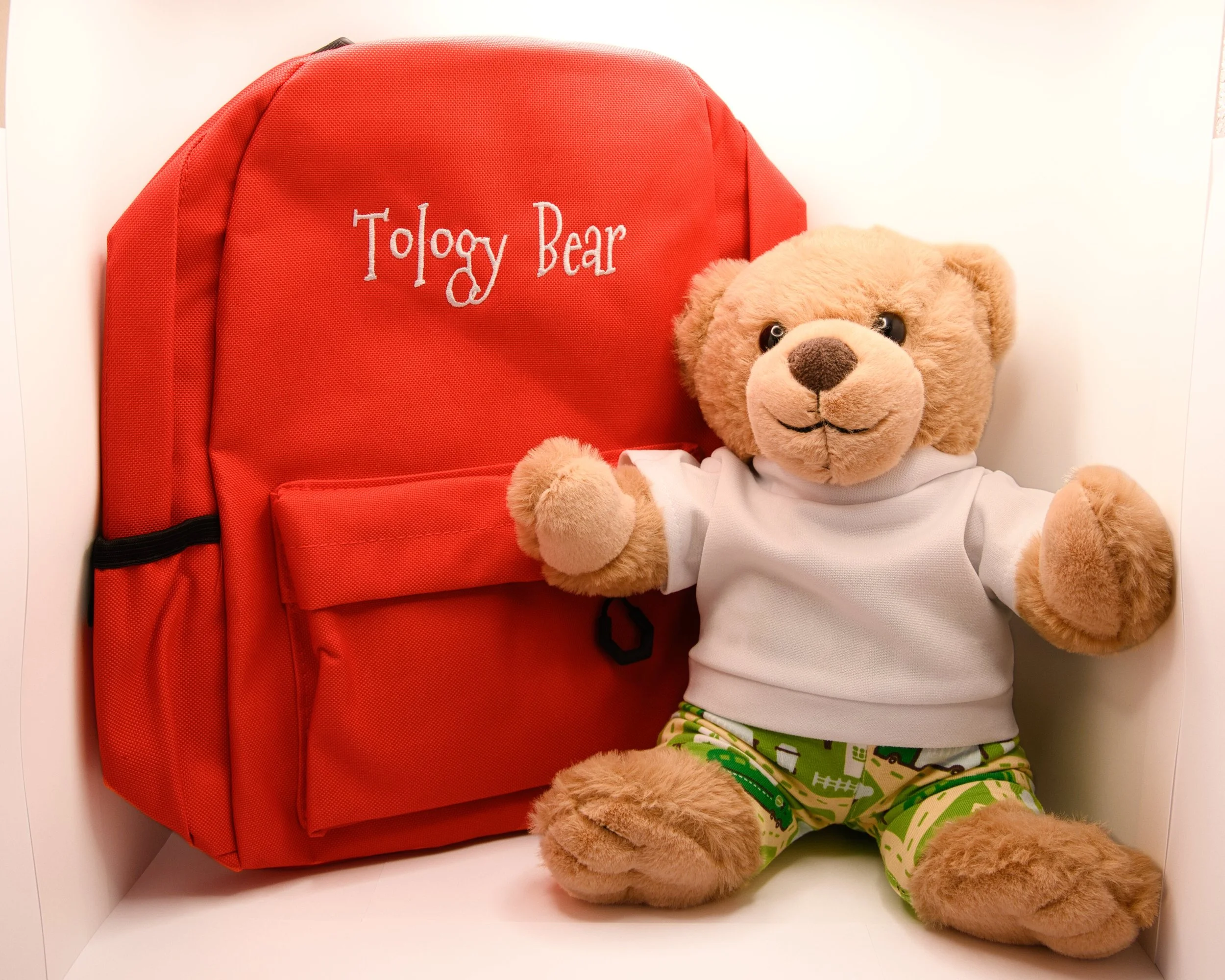 A teddy bear wearing a white shirt and green pajama shorts with a toy backpack labeled Shelfy and a plush head of a bear, sitting against a white background.