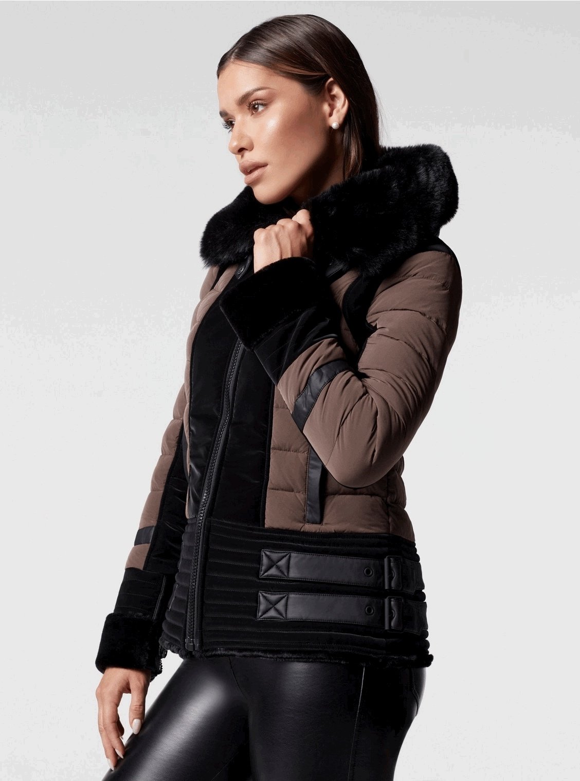 Blanc Noir Katia Traveler Jacket in Java and Black front view.