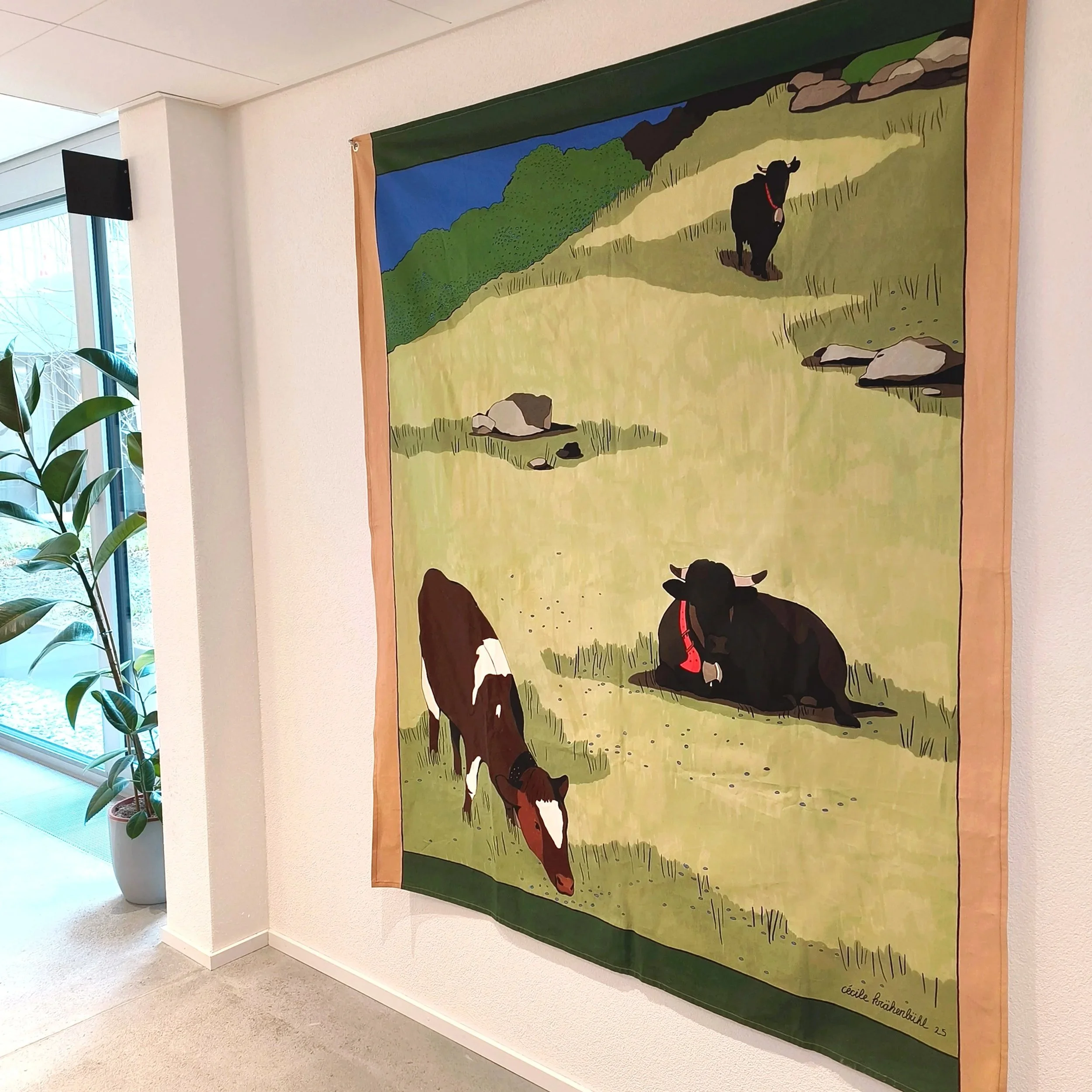 Illustration de vaches valaisannes dans un pâturage, imprimé textile sur mesure par Cécile Krähenbühl