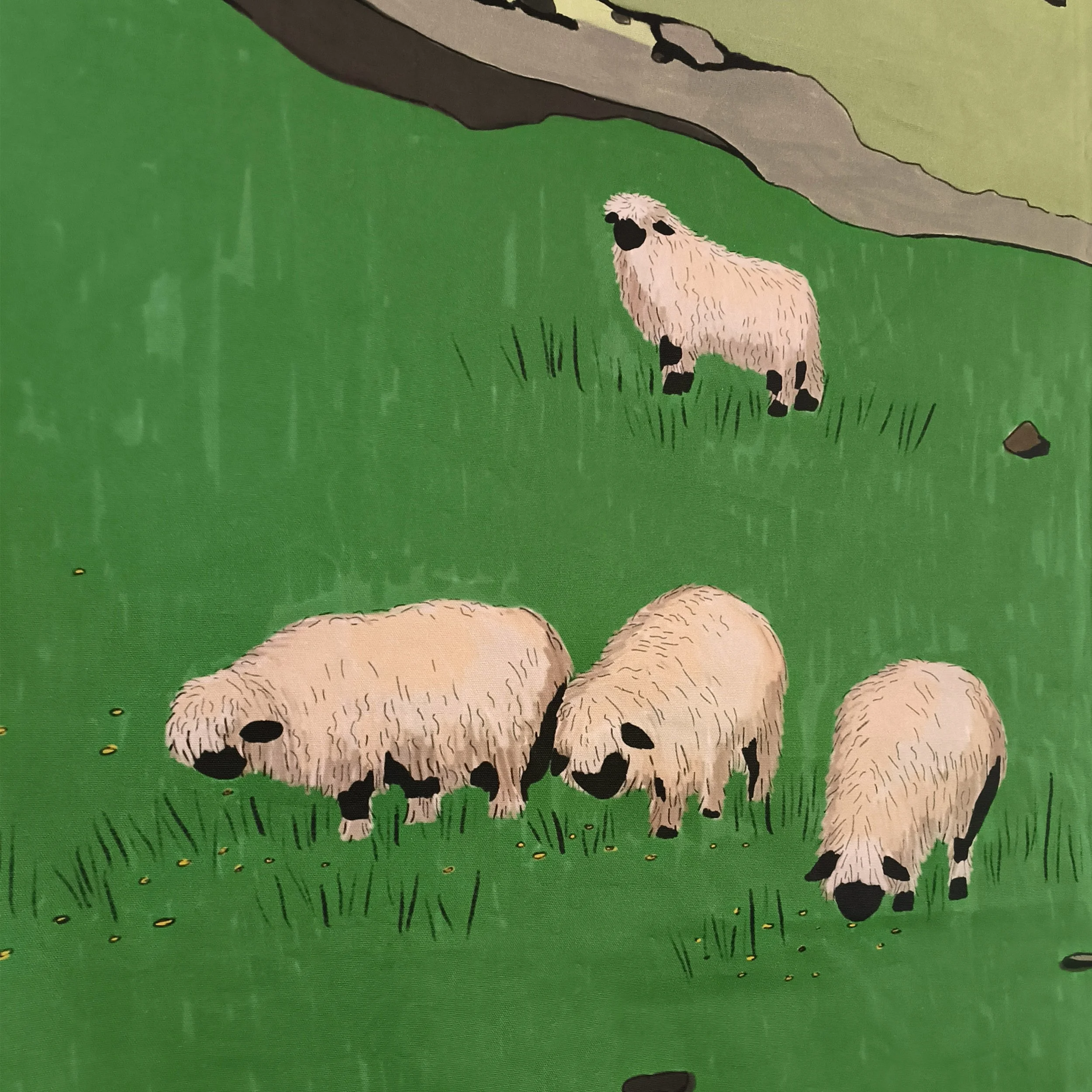 illustration de moutons à têtes noires dans un paysage montagneux, imprimé textile sur mesure par Cécile Krähenbühl