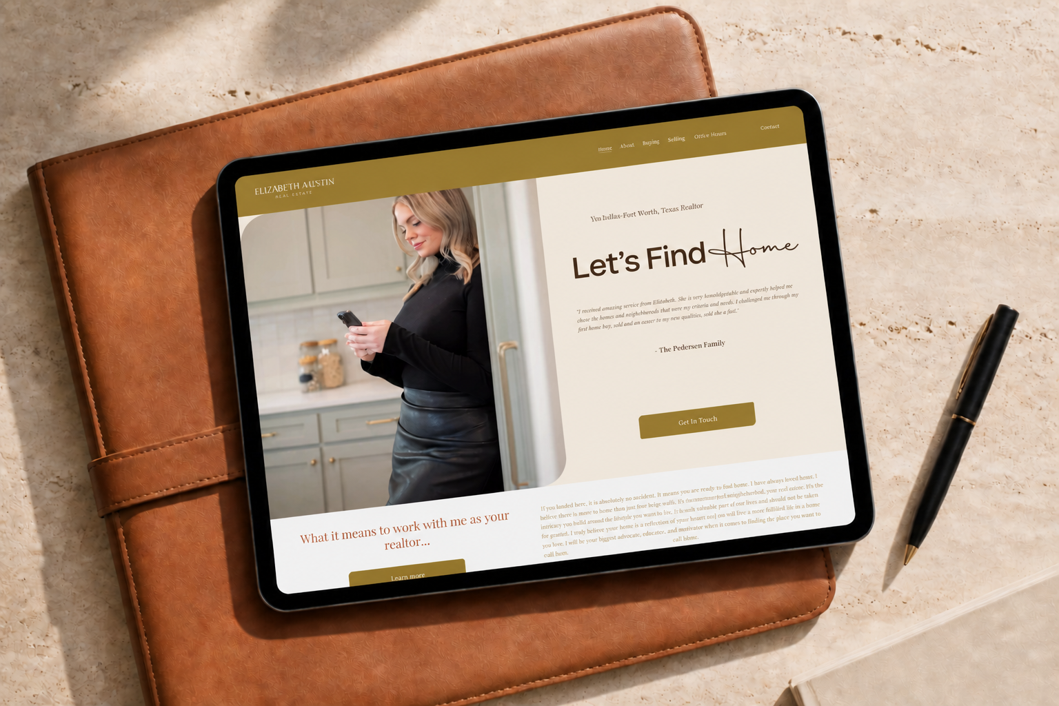 Tablet displaying a real estate agent's website called Elizabeth Austin, featuring a photo of a woman in a kitchen, with text about finding a home, and a button labeled 'Get in Touch' on a beige background.