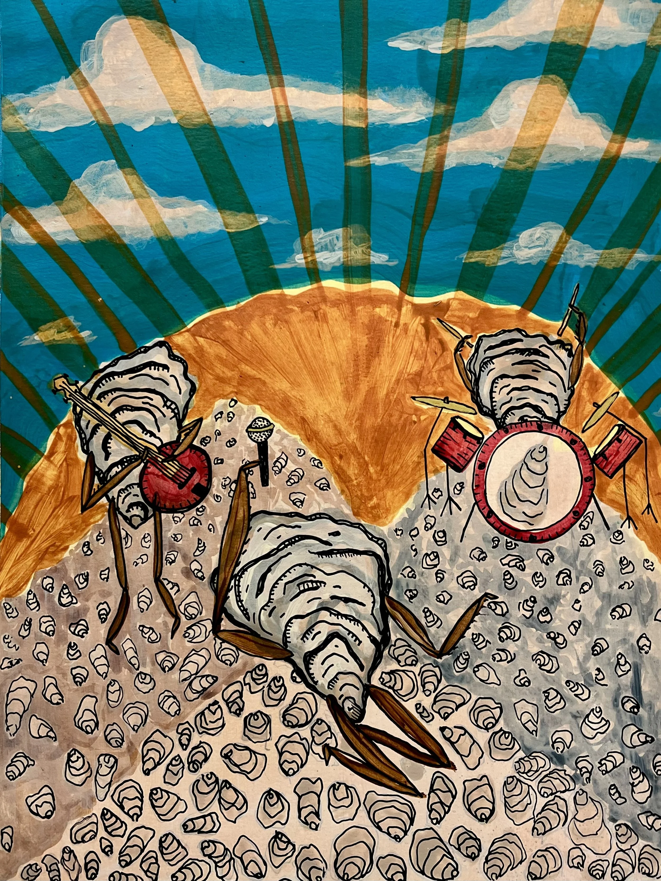 “Oysters Rockin’ a Feller”, 2025
11” x 15”
Acrylic on paper