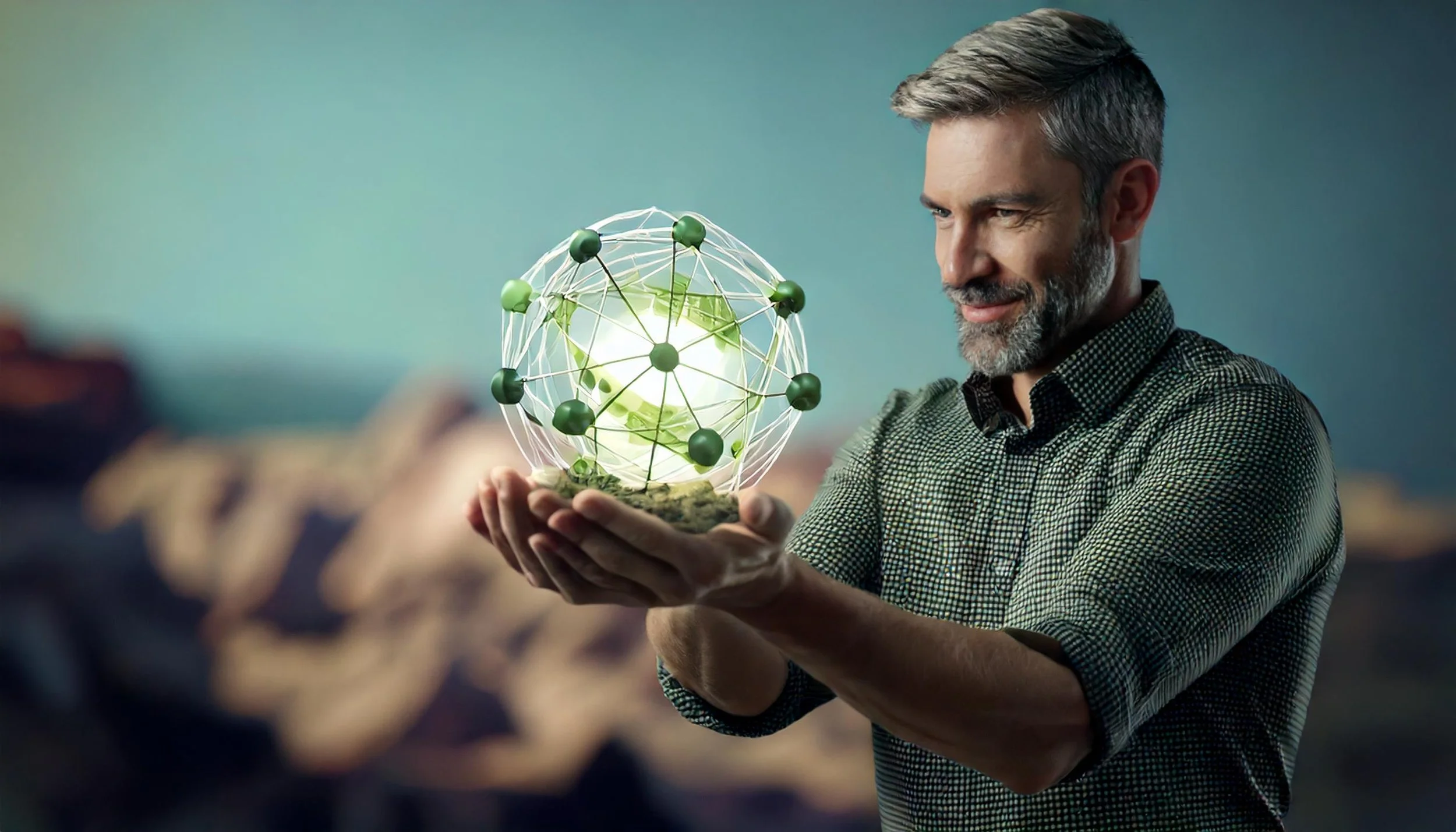 Un homme aux cheveux gris et barbe, tenant dans ses mains un modèle moléculaire lumineux vert.