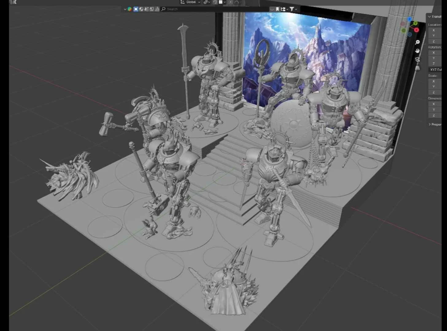 Modèle 3D en cours de création dans un logiciel de conception, représentant une scène médiévale fantastique avec des chevaliers en armure, des créatures mythiques comme un cheval avec un dragon et une figure mystérieuse, dans un décor de montagnes et un fond de ciel étoilé.
