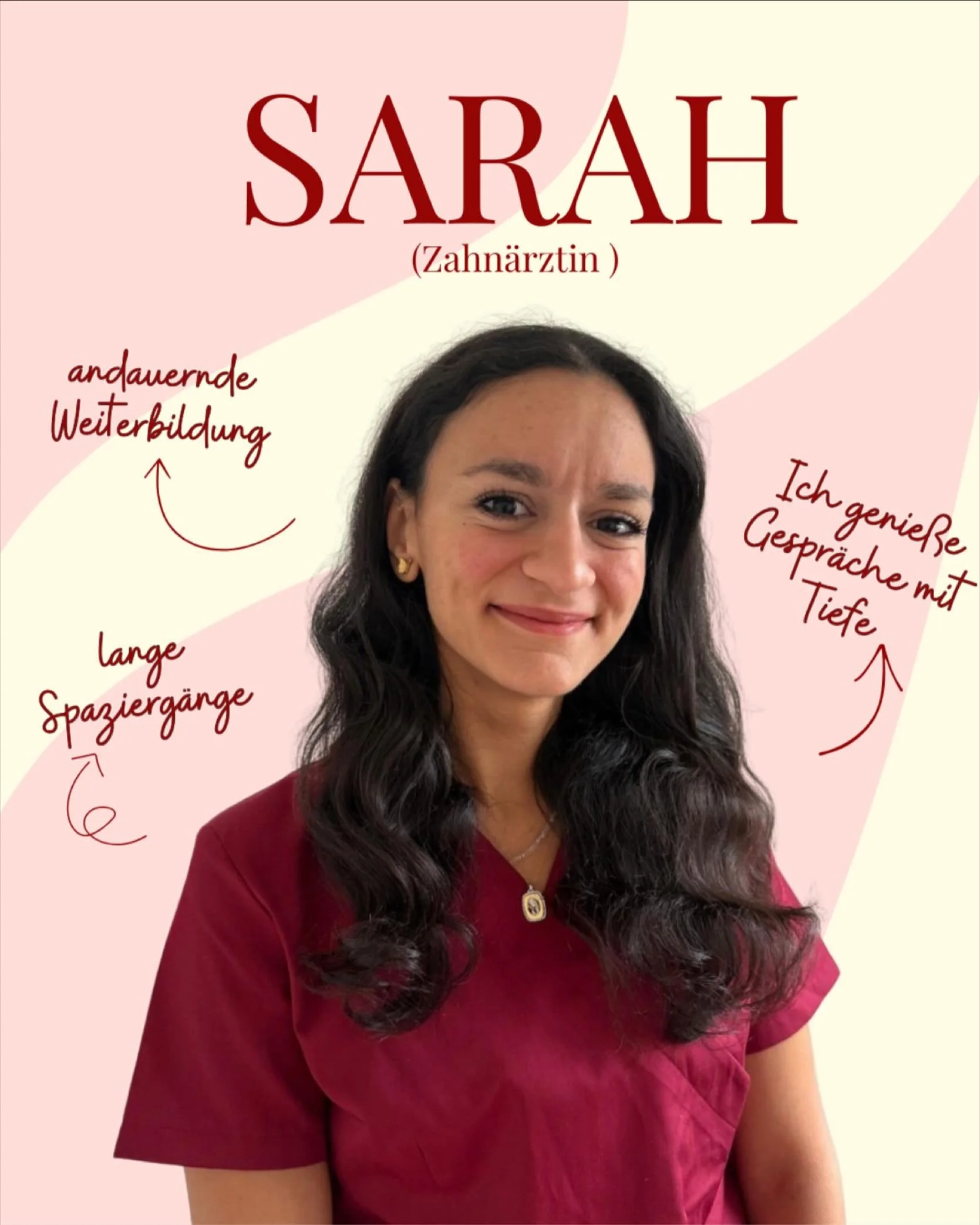Heute stellen wir euch Sarah vor &ndash; unsere engagierte Zahn&auml;rztin!
Sie liebt lange Spazierg&auml;nge, tiefgr&uuml;ndige Gespr&auml;che und bildet sich st&auml;ndig weiter, um euch das beste L&auml;cheln zu schenken.

🦷 Wir freuen uns, sie i