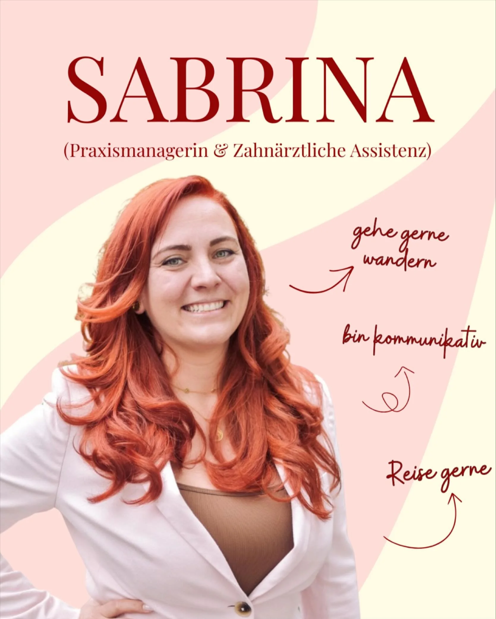 Lernt Sabrina kennen 💫
Unsere Praxismanagerin mit einem gro&szlig;en Herz f&uuml;rs Team und unsere Patient*innen!
Kommunikativ, reiselustig und immer mit einem L&auml;cheln im Gesicht 😄

#Kinderz&auml;hne #GesundeZ&auml;hne #ZahnpflegeF&uuml;rKind