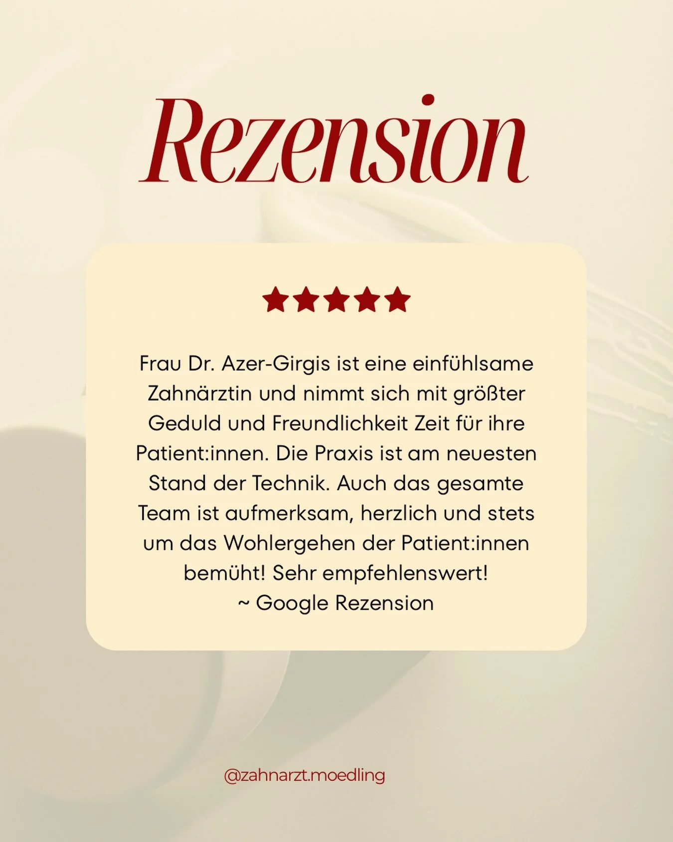 5 Sterne, die von Herzen kommen ⭐️
Vielen Dank f&uuml;r das Vertrauen in unsere Praxis 🤍#zahn&auml;rztin #zahnarztpraxis #docfinder #rezension