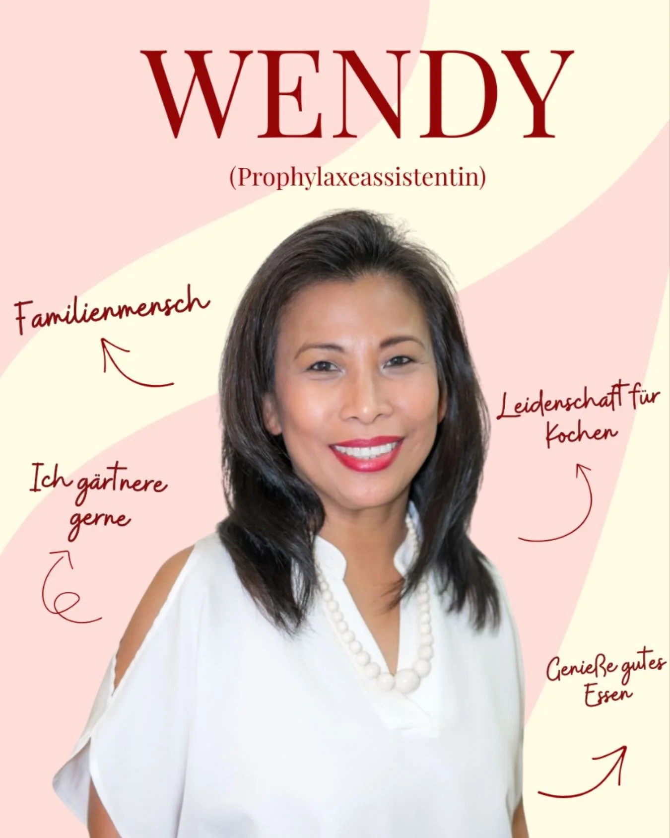 Lernt heute unsere liebe Kollegin Wendy kennen &ndash; Prophylaxeassistentin, Familienmensch und leidenschaftliche K&ouml;chin.
Mit ihrem herzlichen Wesen sorgt sie daf&uuml;r, dass sich jede*r bei uns wohlf&uuml;hlt. ✨

#Kinderz&auml;hne #GesundeZ&a