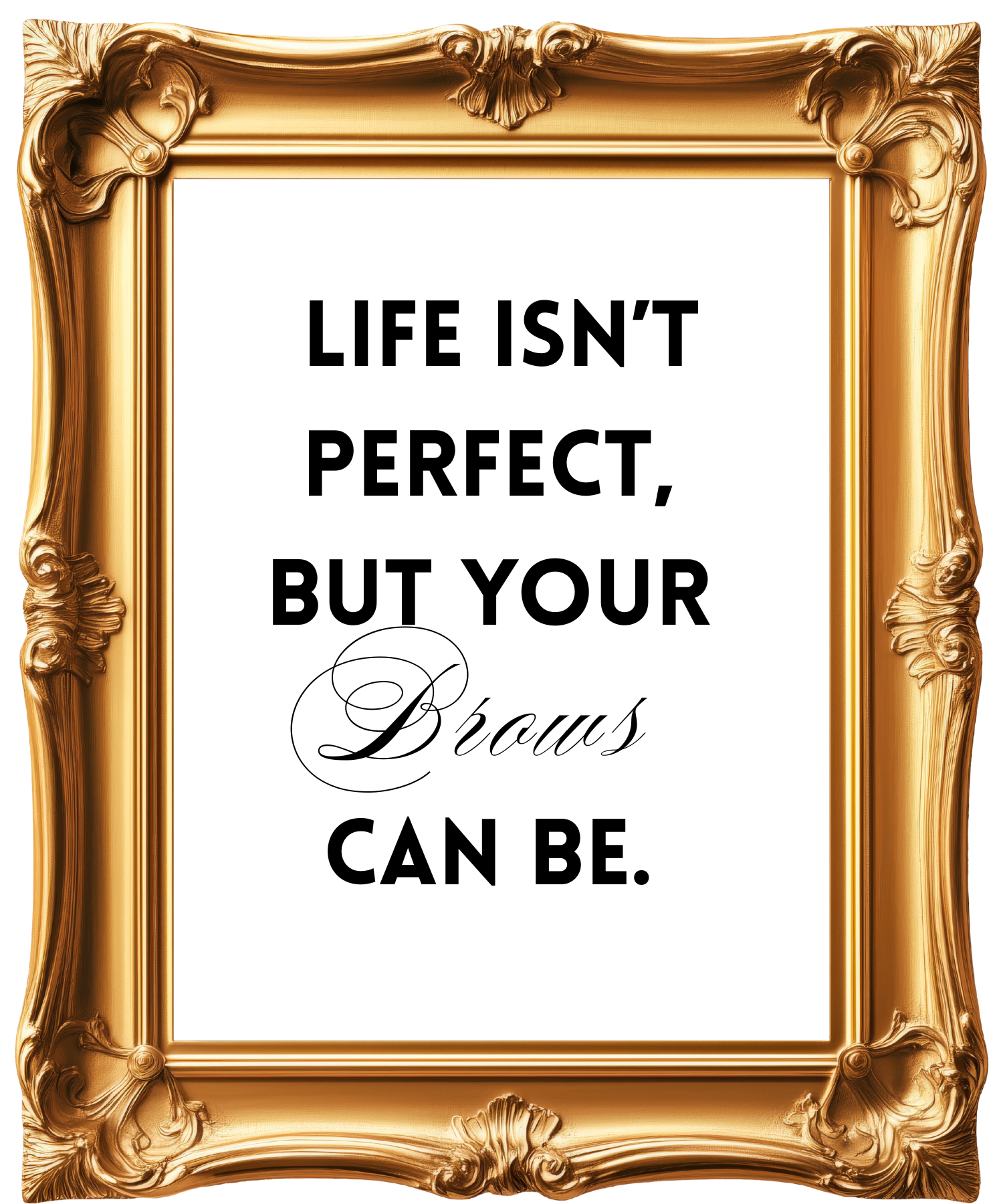 Empty ornate gold-colored picture frame with intricate detailing.