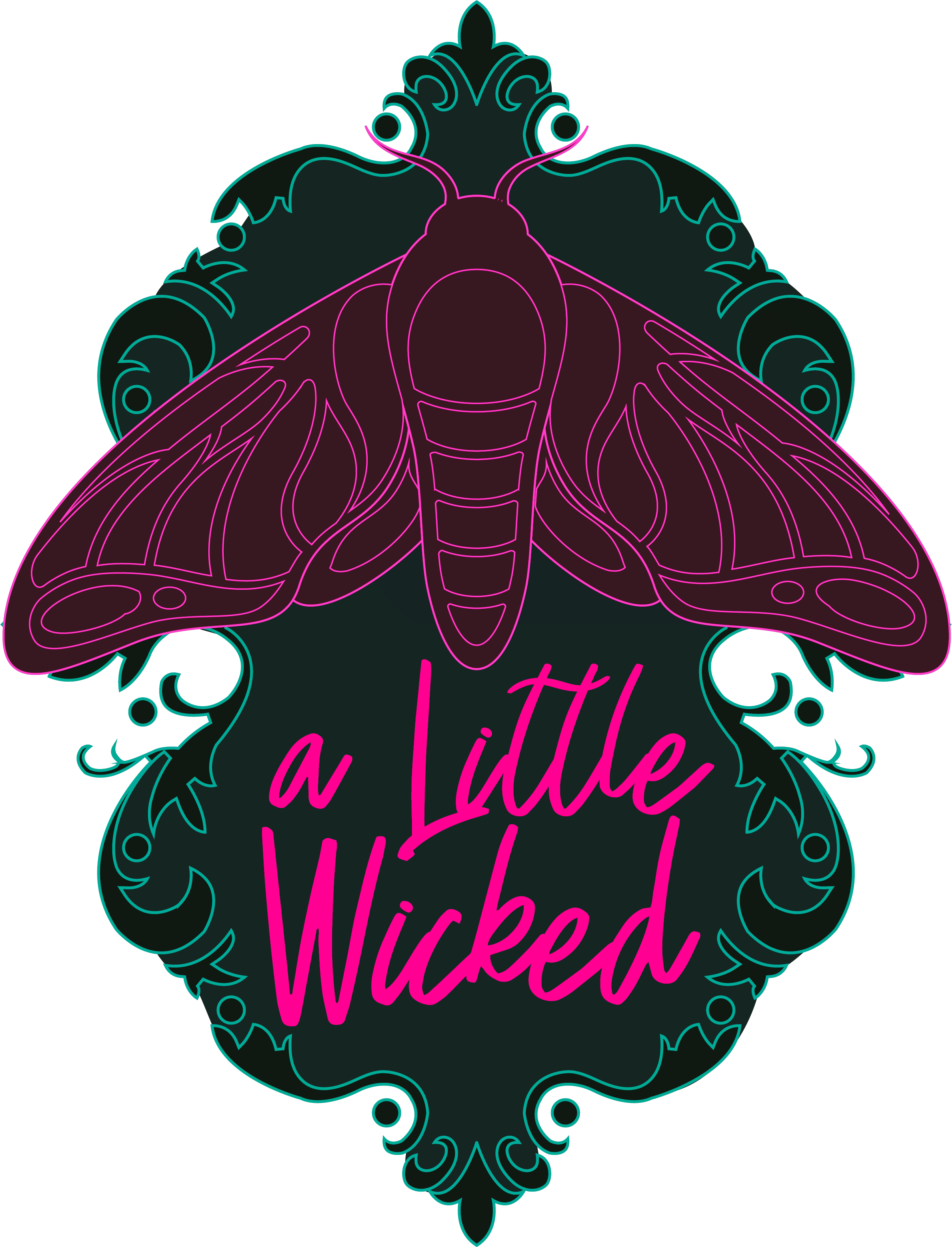 Neon outline of a moth or butterfly with the phrase 'a Little Wicked' in pink script below it, set against a black background.