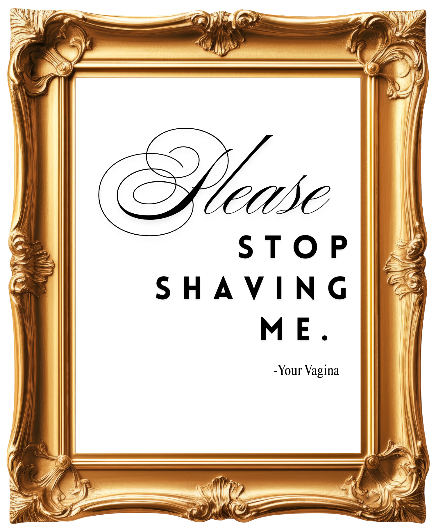 A gold ornate picture frame containing black text and silhouette of a flower against a white background.