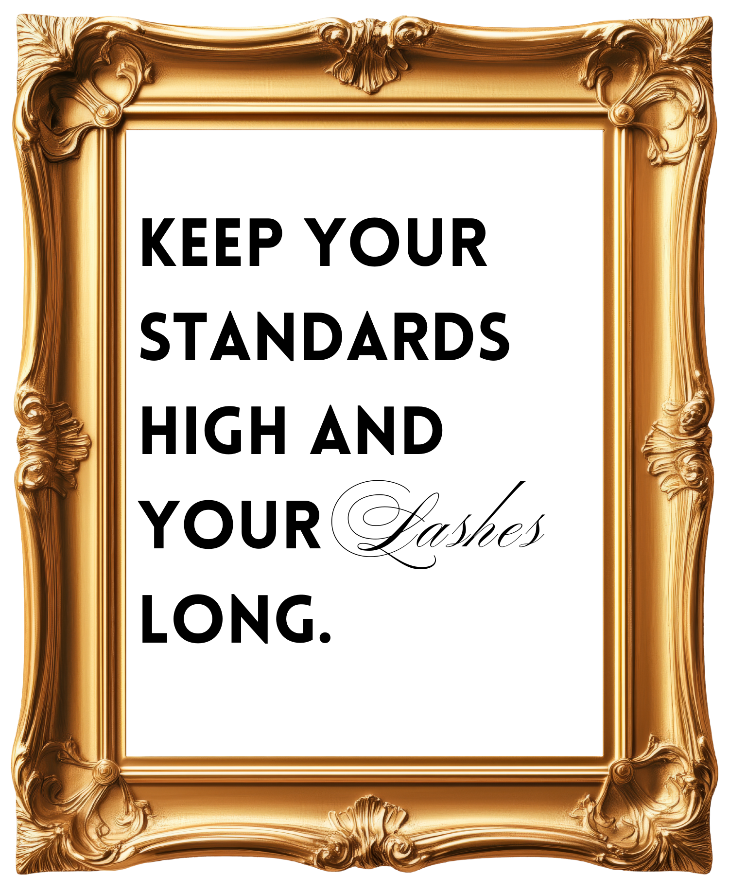 A decorative gold ornate picture frame containing blacked-out or obscured text.