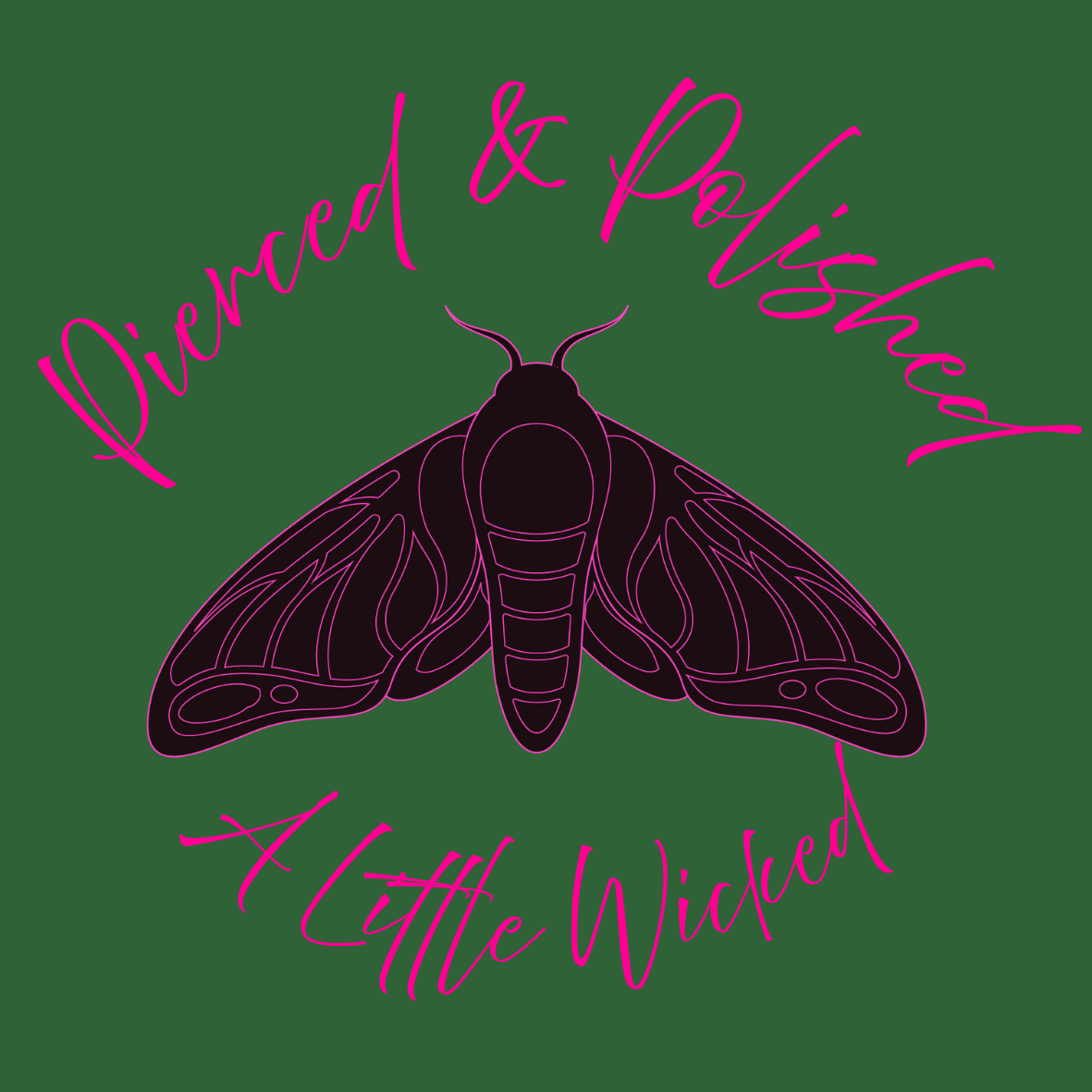 Dark-colored moth illustration with pink text that says "Divented & Published A Little Witched" on a green background.