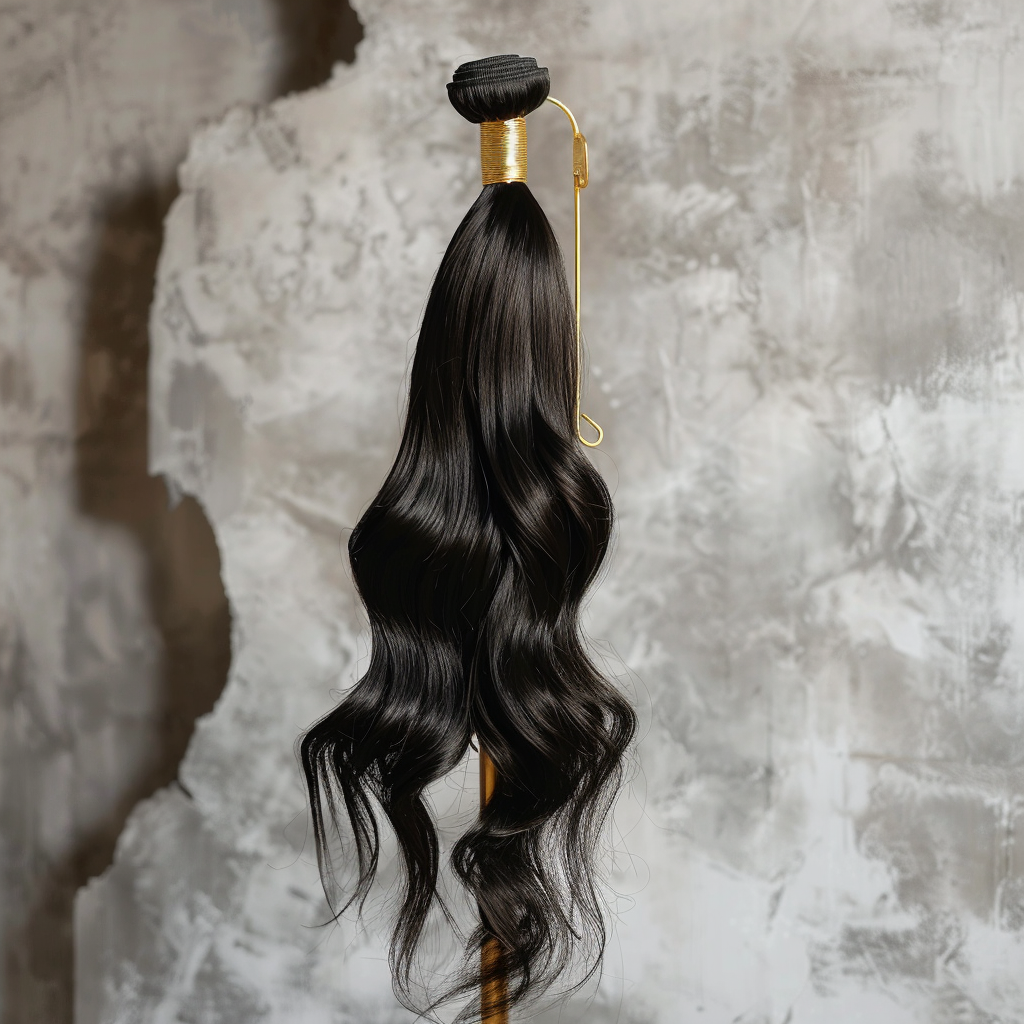 A lock of long, wavy, black hair attached to a golden hairpiece.