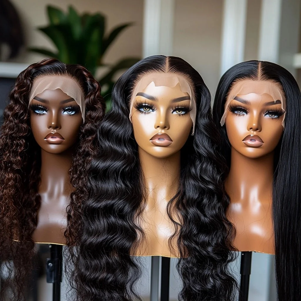 Three mannequin heads with different styles of long, wavy black hair, each wearing a lace front wig, displayed on stands indoors.