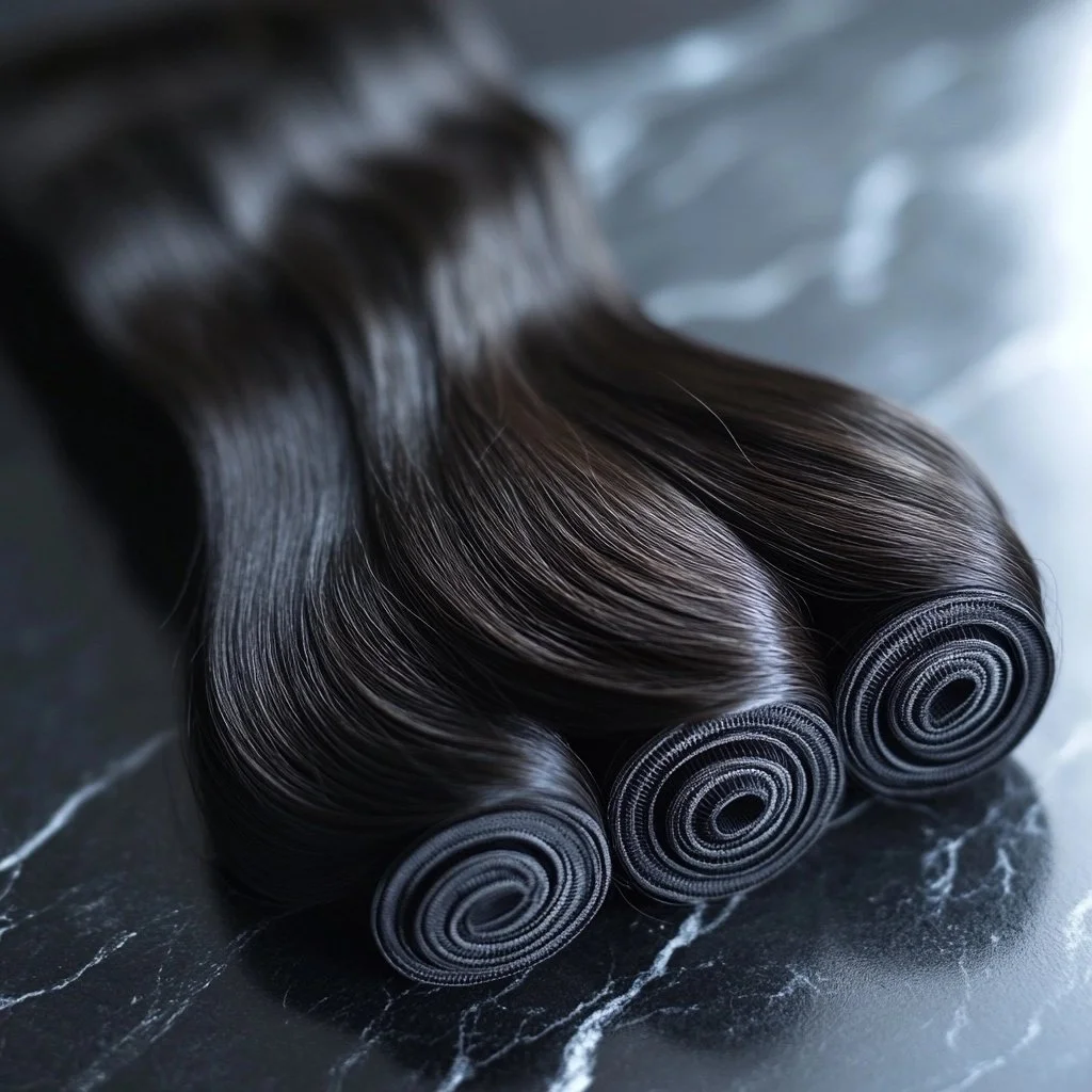 Four bundles of straight black hair extensions rolled up on a dark marble surface.
