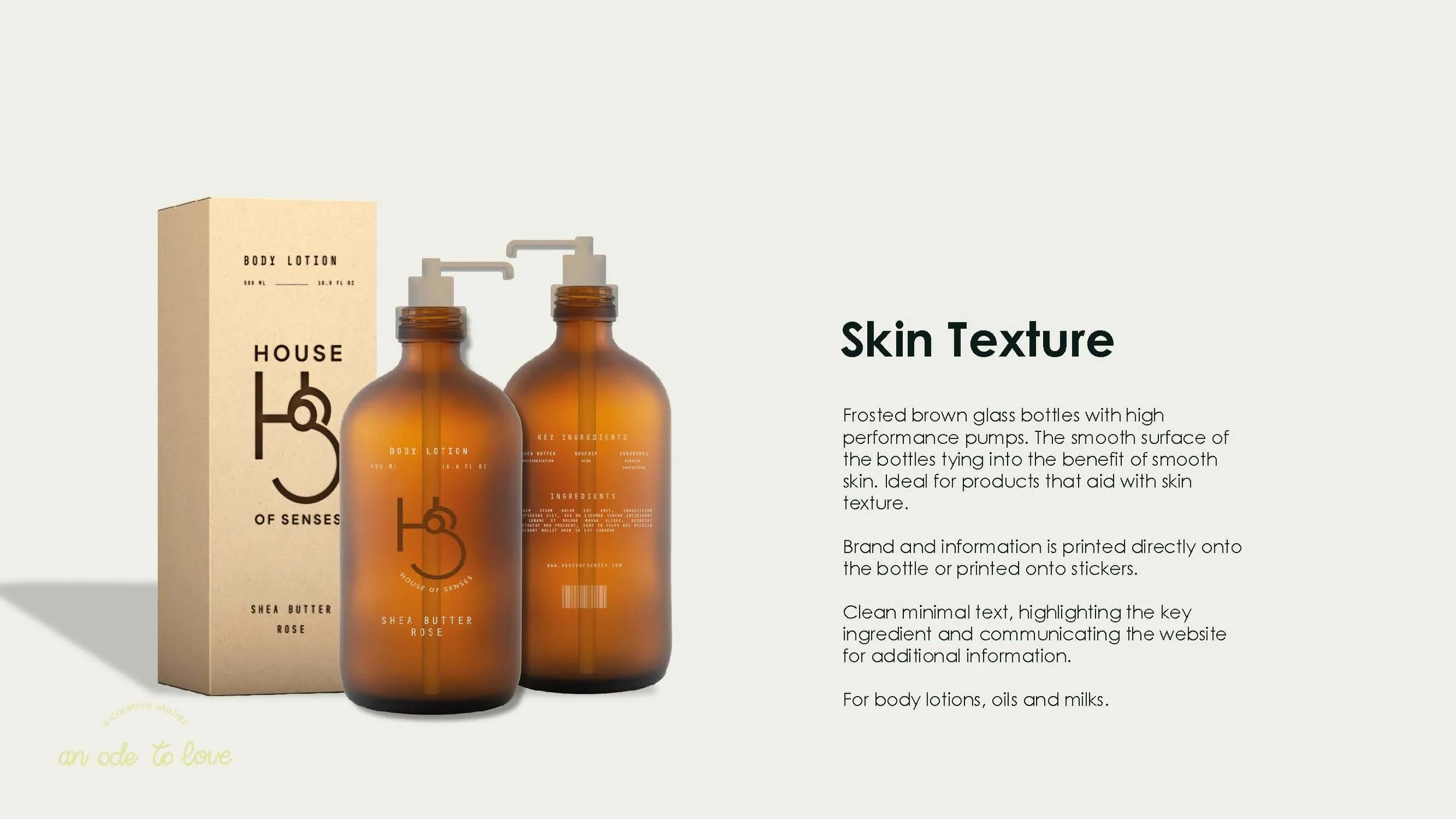 Connecting the product benefits to the packaging - the smooth finish of a frosted glass bottle for a skin softening moisturiser. 