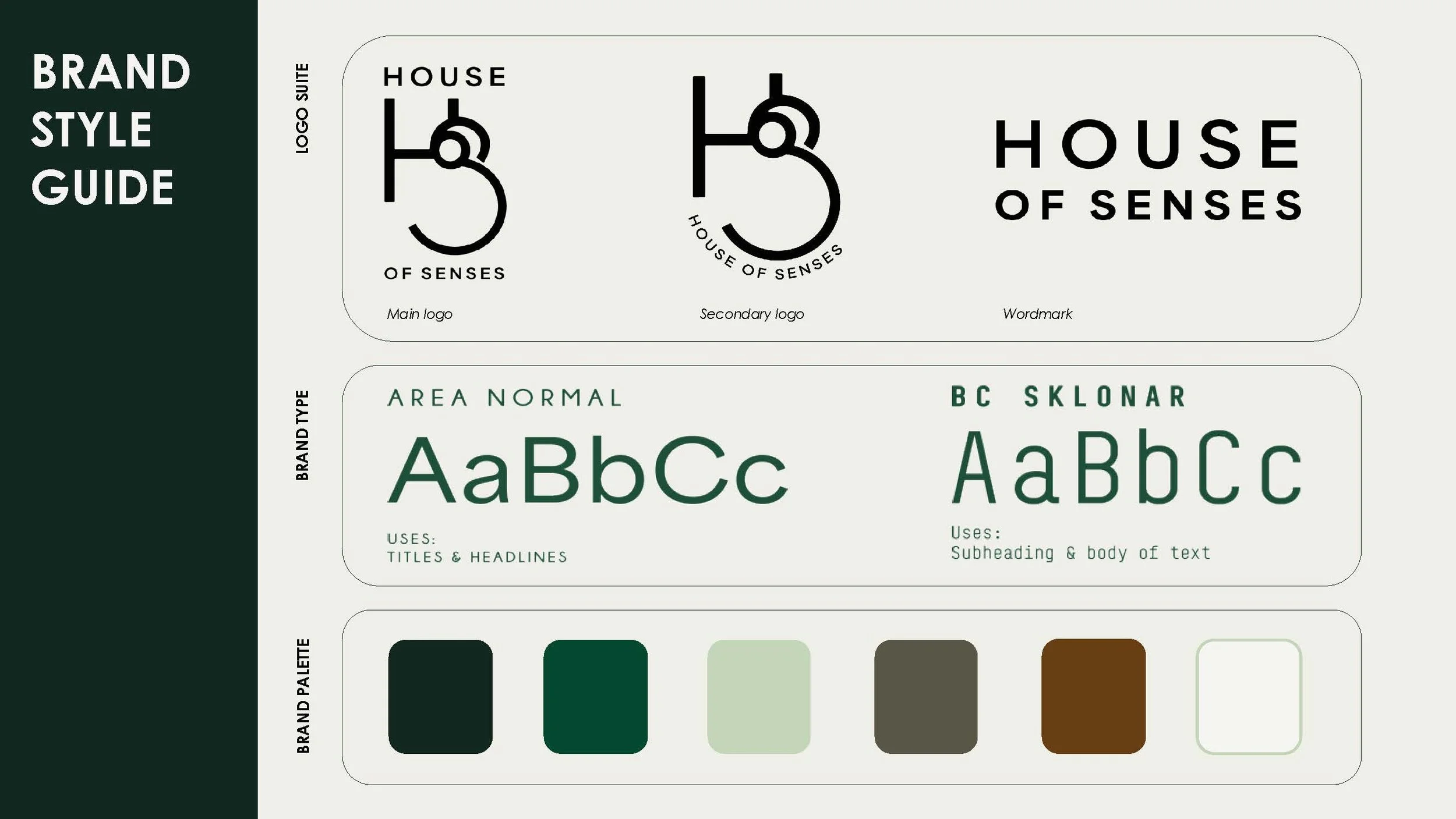 A summarised style guide for the total brand identity. The brand colour palette is earthy and relies on fresh leafy greens to elevate the storytelling and warm neutrals to ground and accent the brand. 