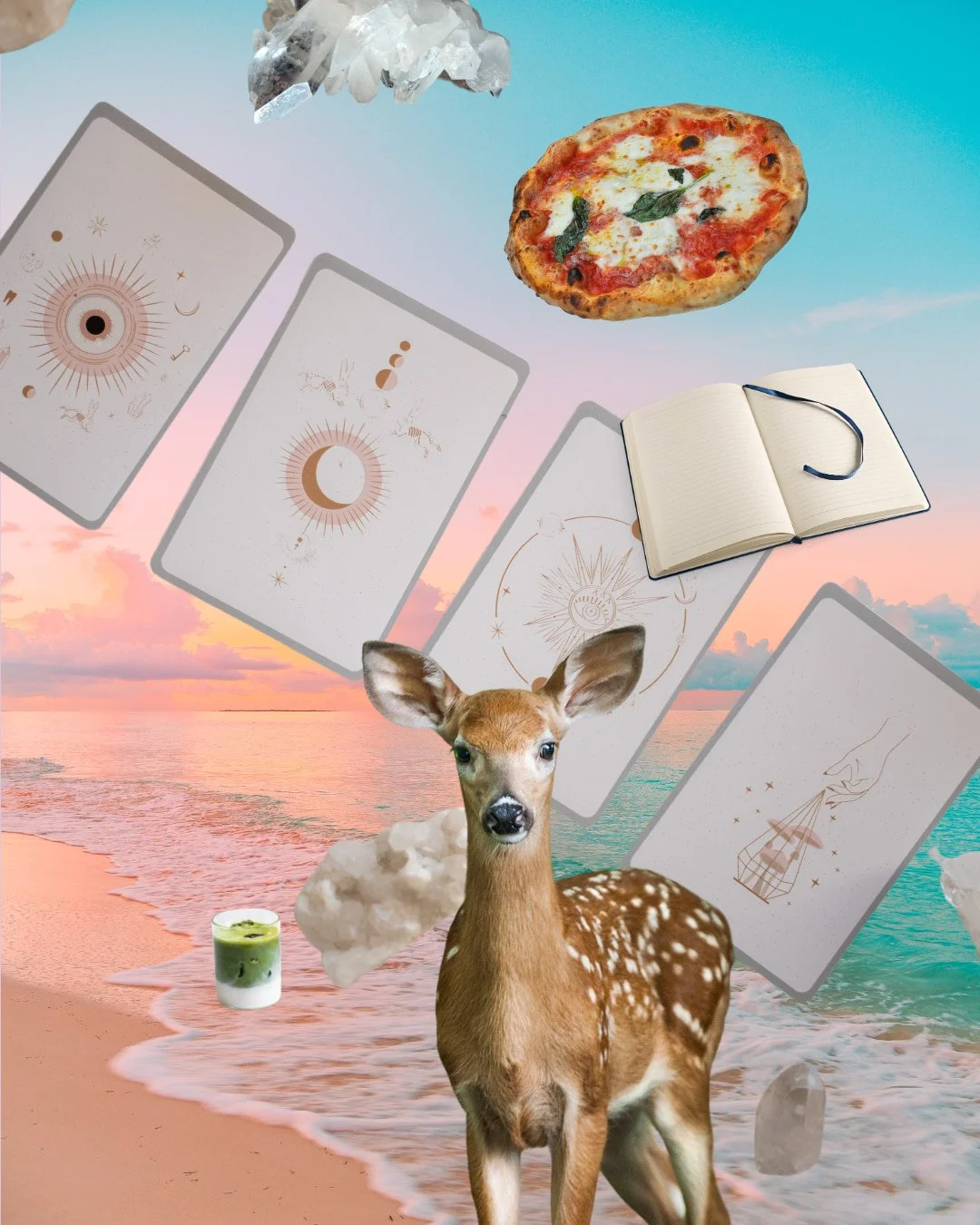 Visuaalinen kooste yrittäjän inspiraation lähteistä: bambi, kristalleja, oraakkelikortit ja pizzaa