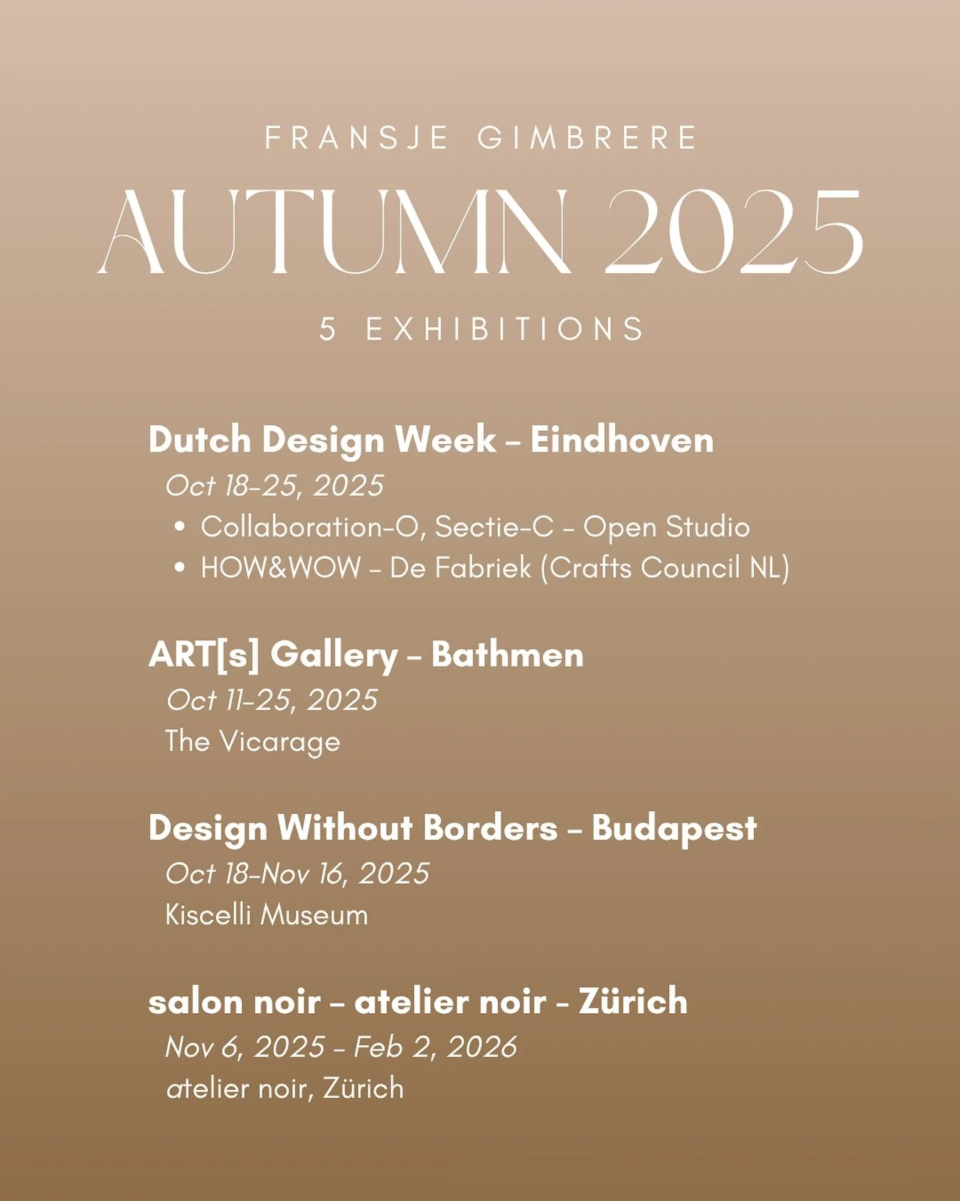The season of Art and Design is here! 🍂✨
We are fully in it, and Dutch Design Week 2025 is starting soon!  I&rsquo;ve been preparing for a vibrant month filled with exhibitions; from opening my new studio in Eindhoven during Dutch Design Week to sho