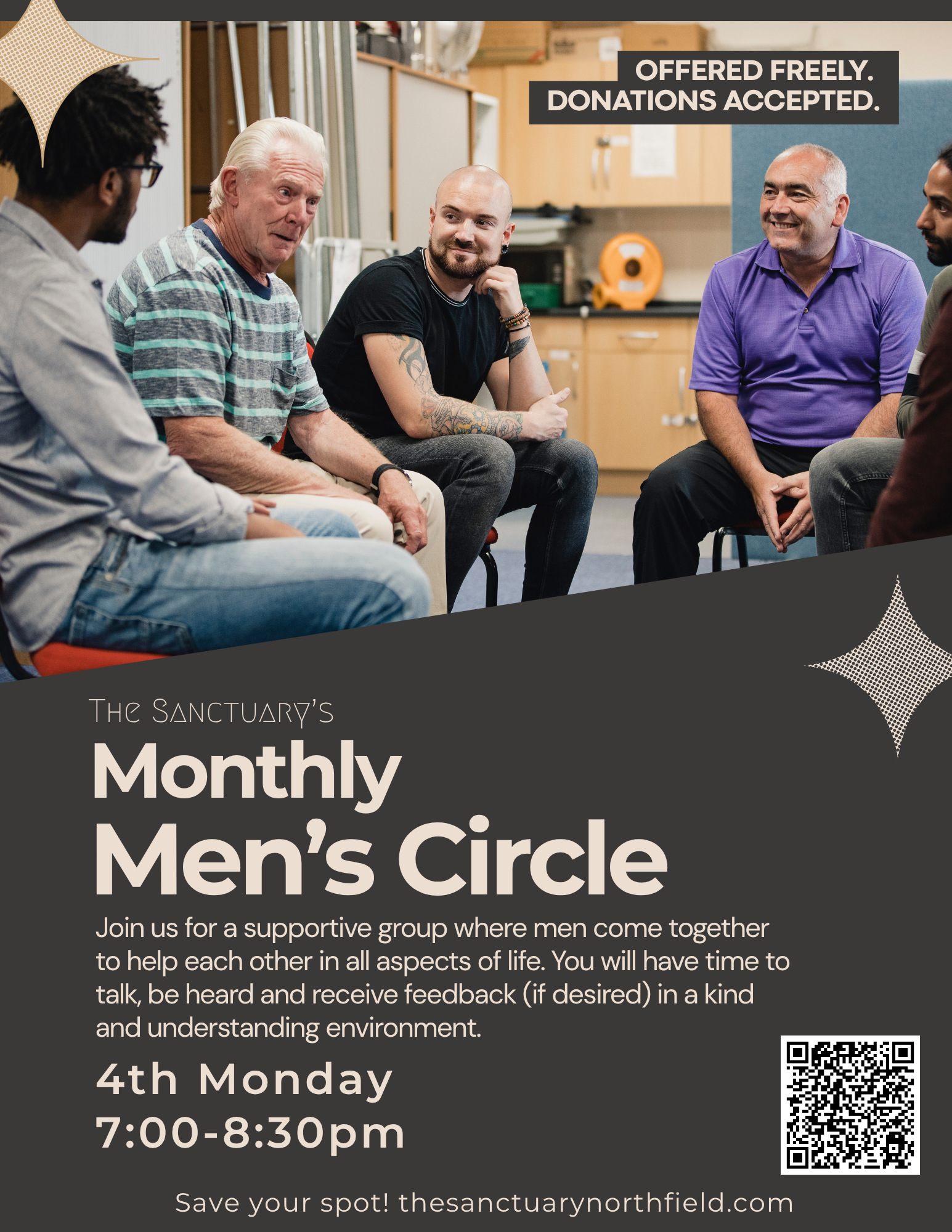 A poster/image advertising The Sanctuary's Monthly Men's Circle, depicting a supportive group of men sitting in a circle in a room, with text mentioning the group meets on the 4th Monday from 7:00 to 8:30 pm, with a QR code and website link for more