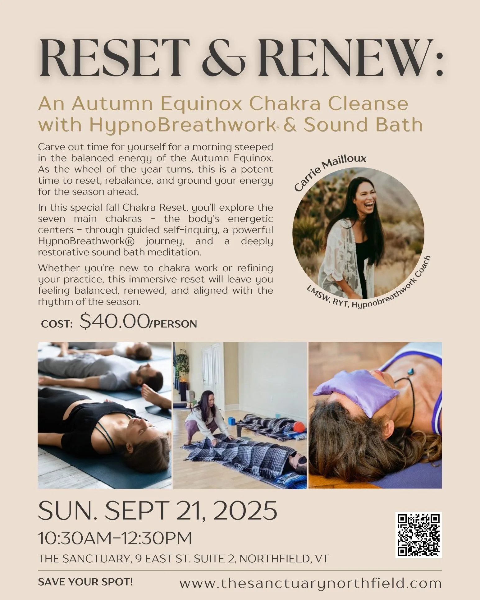 🍂 Embrace the balanced energy of the Autumn Equinox with our Fall Chakra Reset &mdash; a powerful morning of grounding, renewal, and transformation.

✨ Through guided self-inquiry, HypnoBreathwork&reg;, and a deeply restorative sound bath, you'll cl