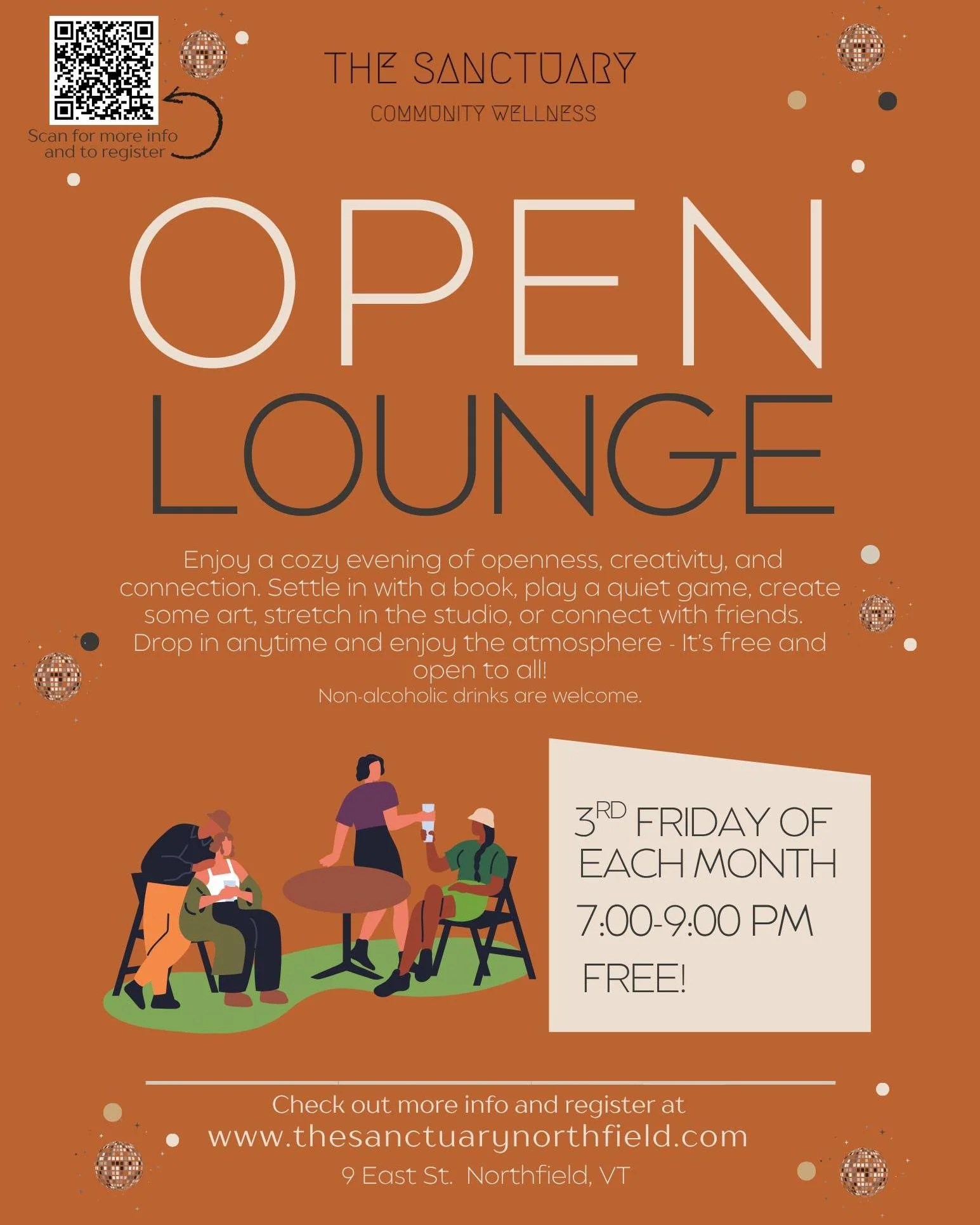 🛋️ Announcing Social Lounge &mdash; Every 3rd Friday from 7&ndash;9pm
✨ Cost: FREE

Looking for a cozy way to wind down the week? Join us every 3rd Friday for Open Lounge, a relaxed, come-as-you-are evening in our community wellness space.

Drop in 
