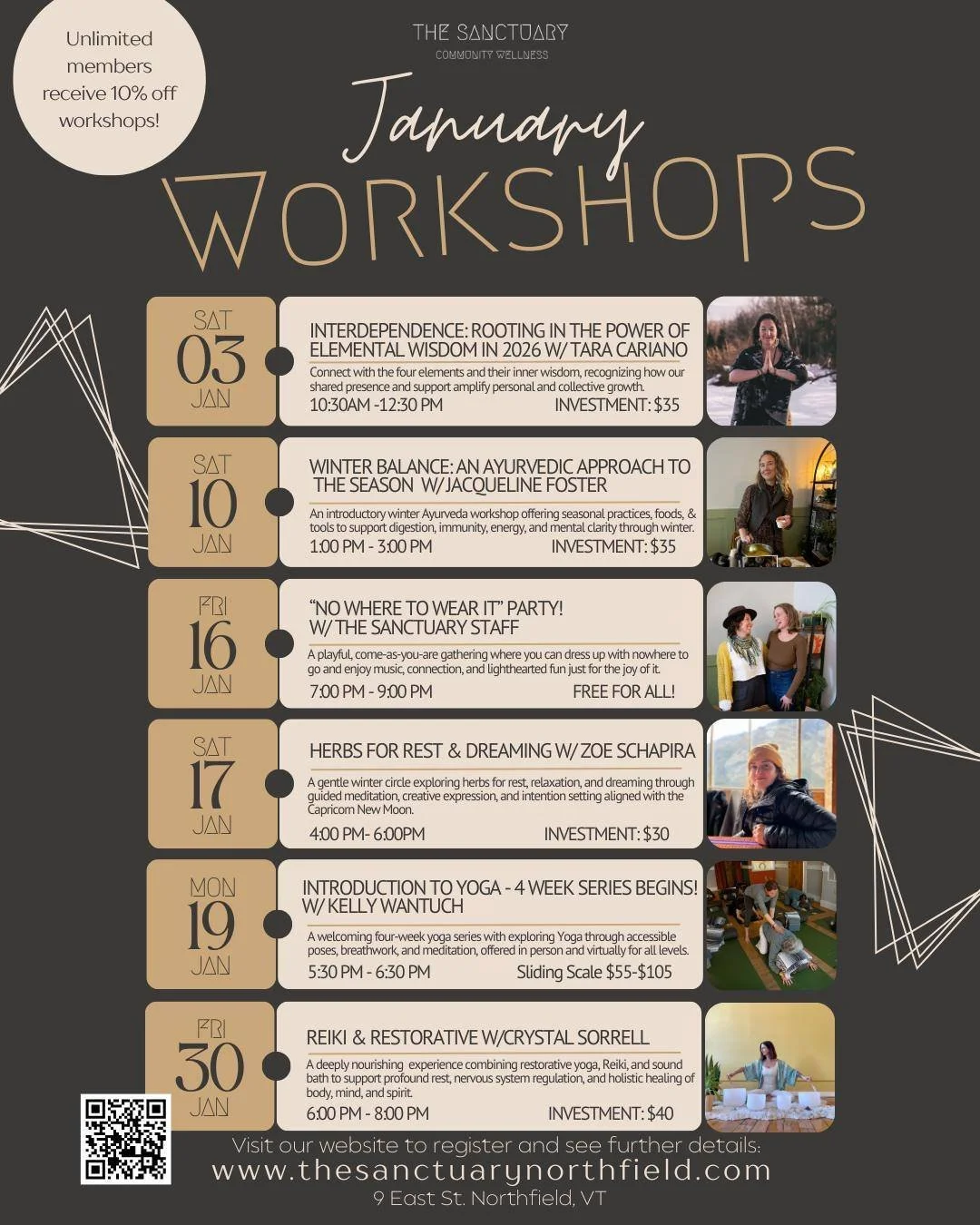 ❄️ Announcing our January Workshops ❄️

Nourish your body, mind &amp; spirit this coming month with...
🌿 INTERDEPENDENCE: Connect with the four elements &amp; your inner wisdom with Tara
🍲 Winter Balance &amp; Ayurveda: Boost digestion, immunity &a