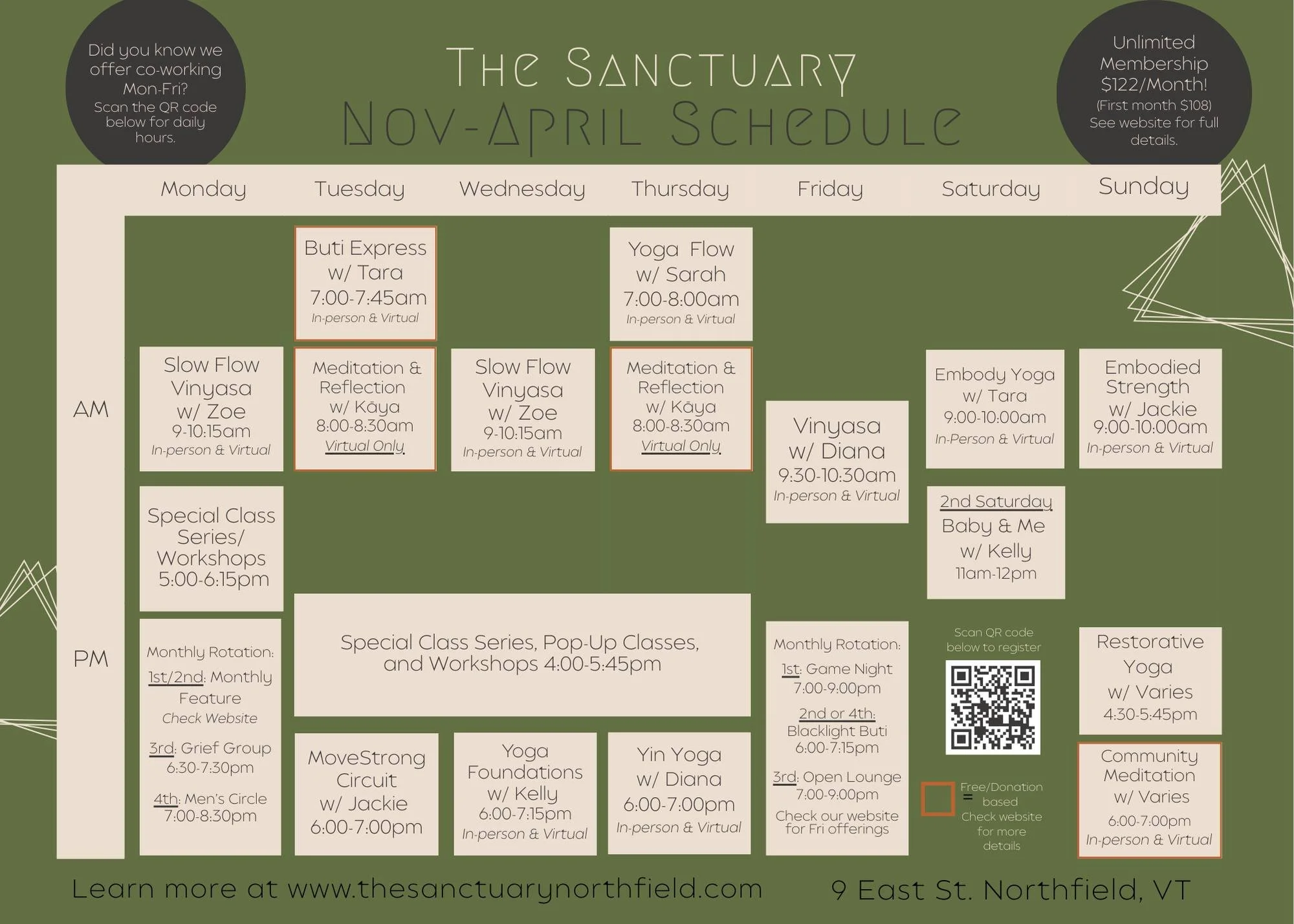 As we gear up for a VERY EXCITING and FUN announcement tomorrow (‼️), we wanted to take a few minutes to share our current schedule with you! 

We are grateful to be able to offer movement, meditation, and community offerings each week! Looking to co