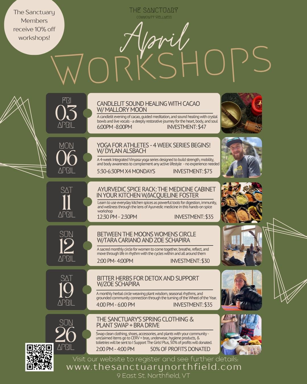 🌿 April at The Sanctuary is FULL of goodness! 🌿

We have something for everyone this month - from candlelit sound healing and Ayurvedic spice wisdom, to yoga for athletes, women's circle, herbal medicine, and a community clothing swap. Come as you 