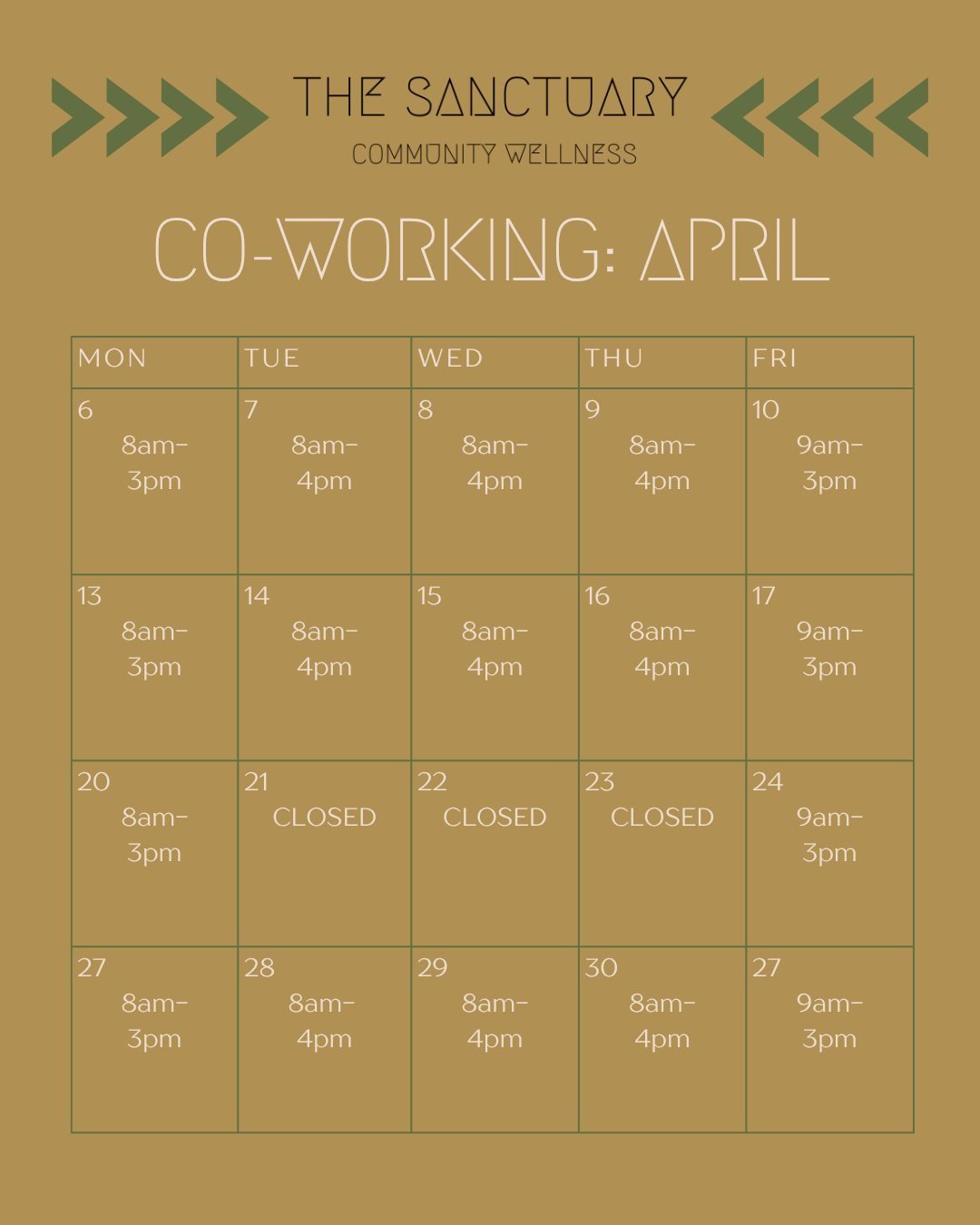 New month, new offering 🌱 Introducing The Sanctuary Day Pass - one class + a full day of co-working for $30, used on the same day. April feels like the perfect time to come out of hibernation, get out of the house, and do the work in a space that fi