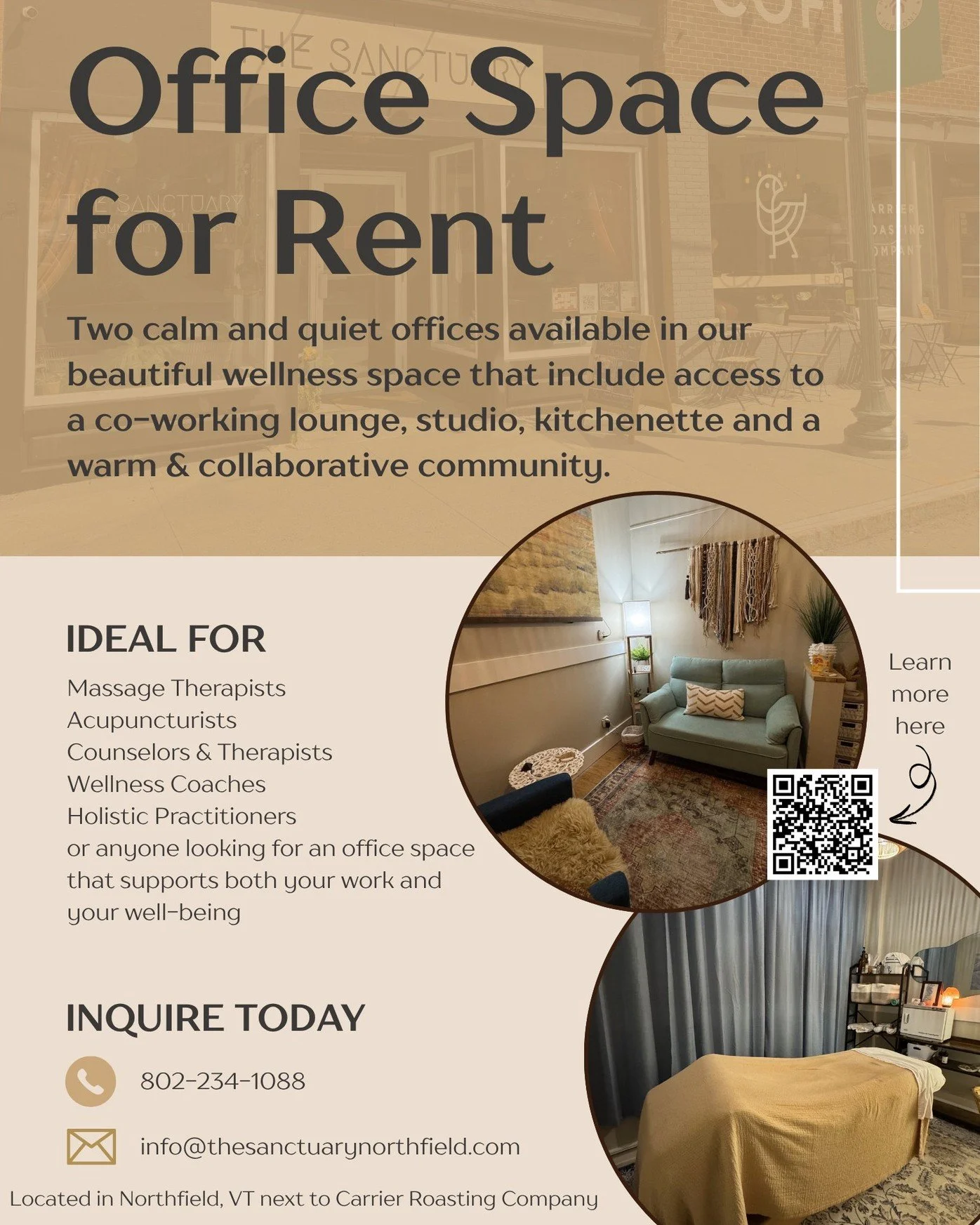 Are you a looking for a beautiful, calm, and quiet office space in Central Vermont that supports both your work and your well-being?

The Sanctuary in Northfield (next to Carrier Roasting Company) has two rooms available for daily or full-time rental