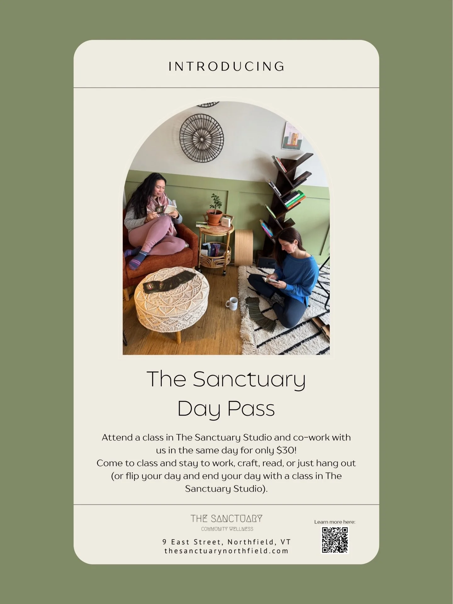 April is calling 🌱 Time to come out of hibernation and do something good for your body AND your work. 🌿

Introducing The Sanctuary Day Pass - one class in the studio + a full day of co-working for just $30. Come move, then stay to work, create, or 