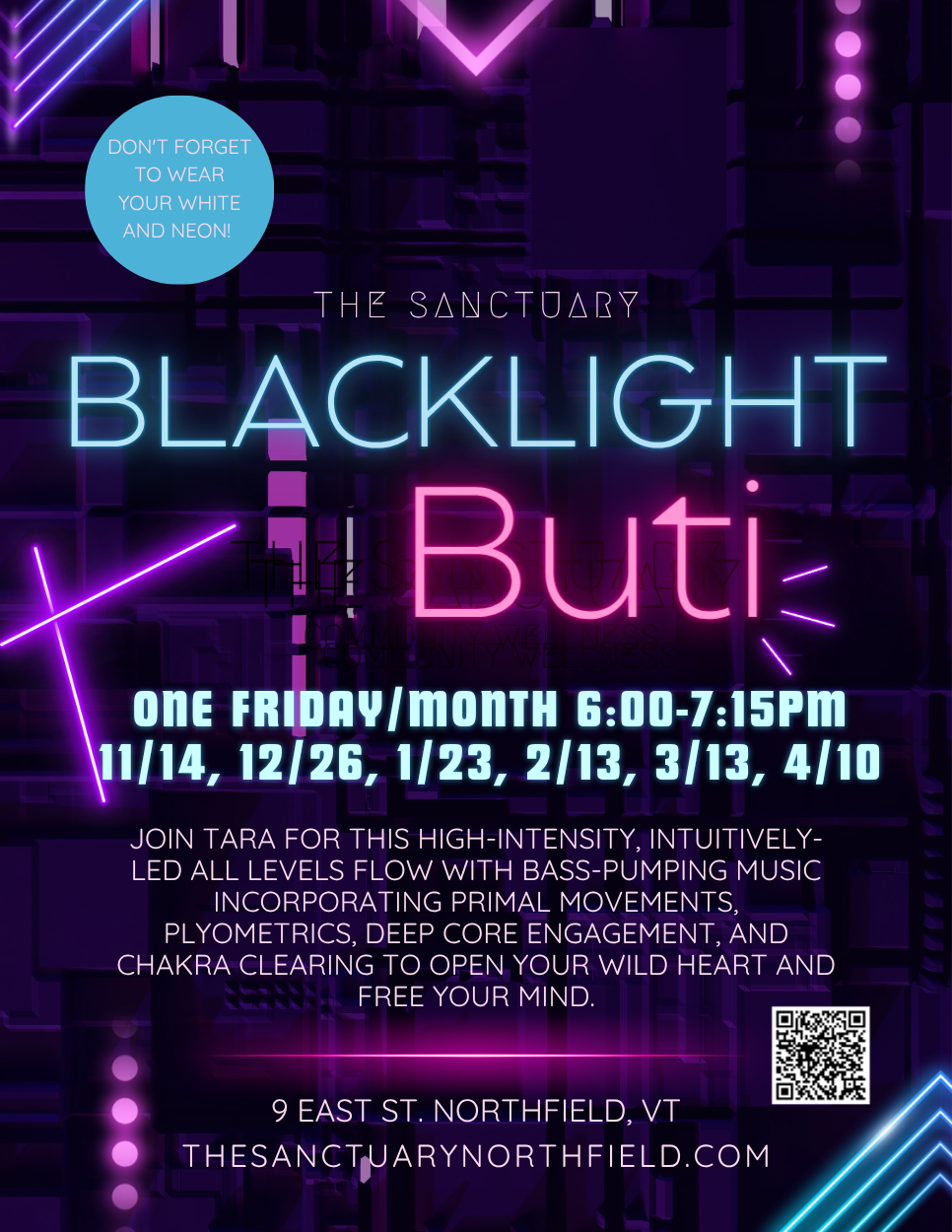 Neon sign event poster for 'Blacklight Buti' at The Sanctuary featuring blue and pink neon lights and a QR code.