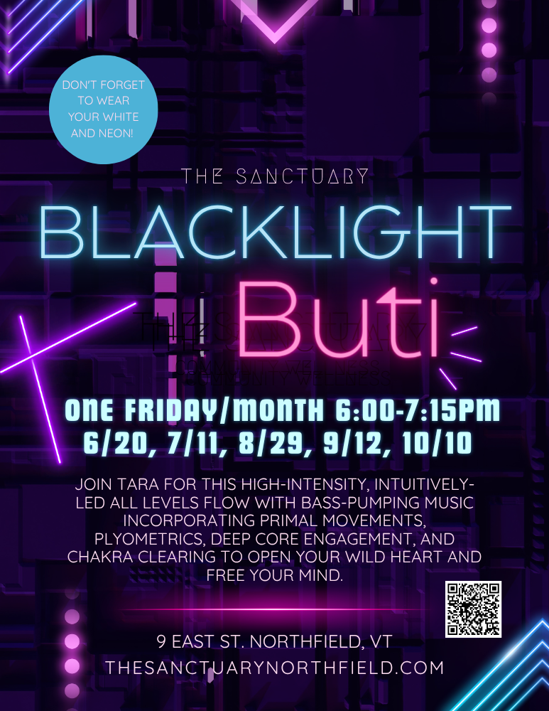 Promotional poster for a high-intensity yoga class called 'Blacklight Buti' at The Sanctuary, featuring neon-colored text and geometric designs with a QR code and location details.